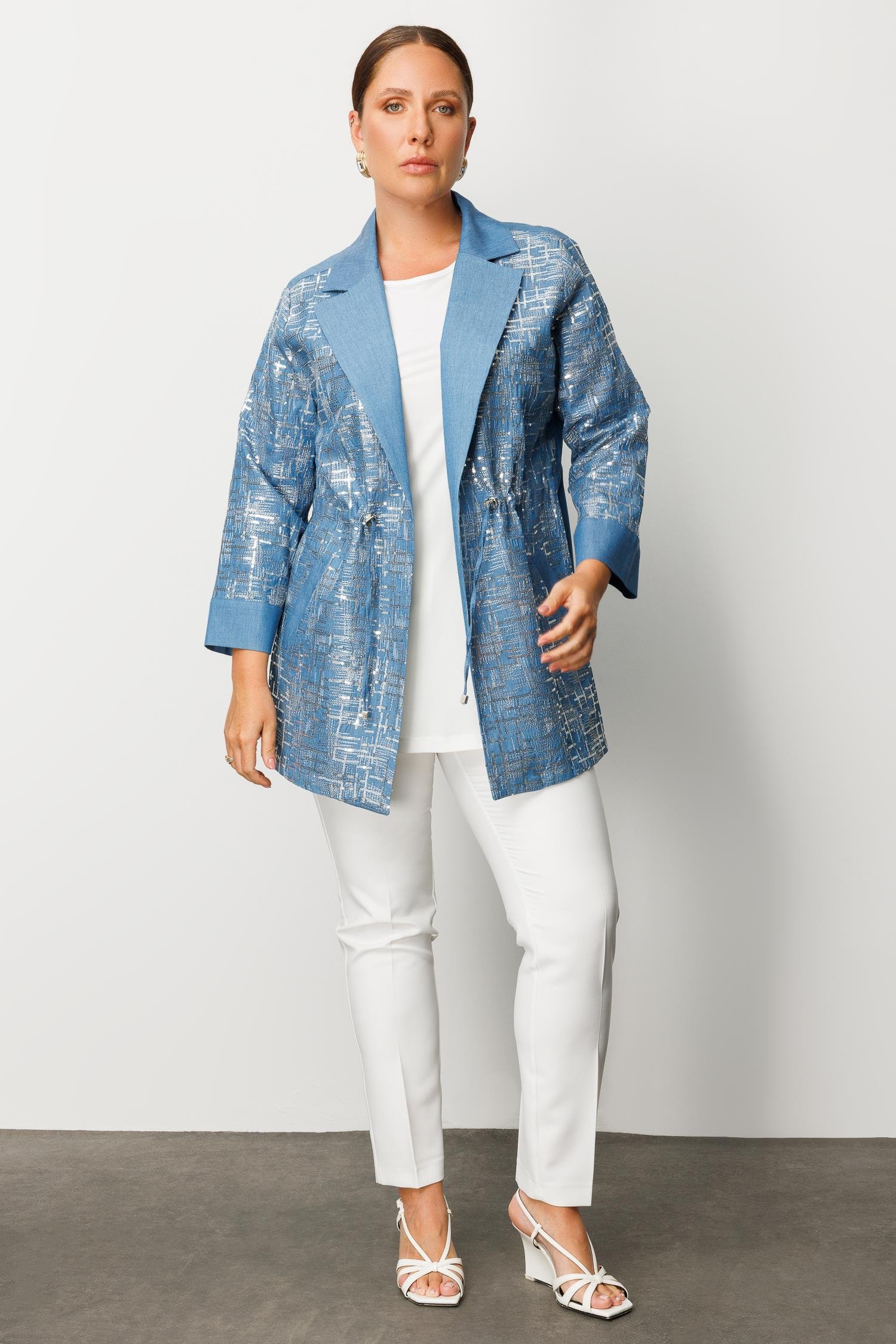 Modailgi  Mono Yaka Pullu Beli Büzgülü İkili Tencel Takım İndigo