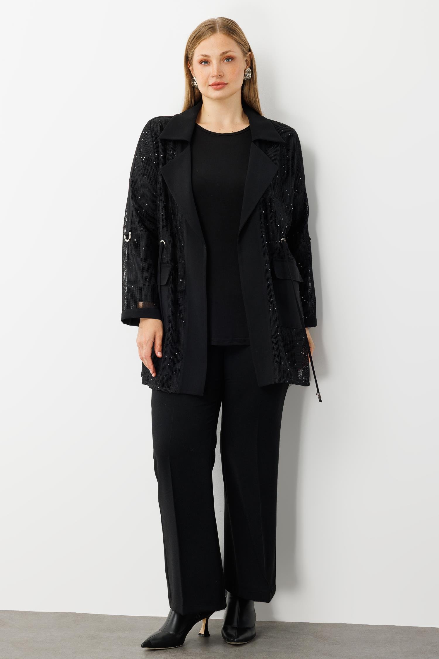 Modailgi  Mono Yaka Pullu File Beli Büzgülü İkili Takım Siyah