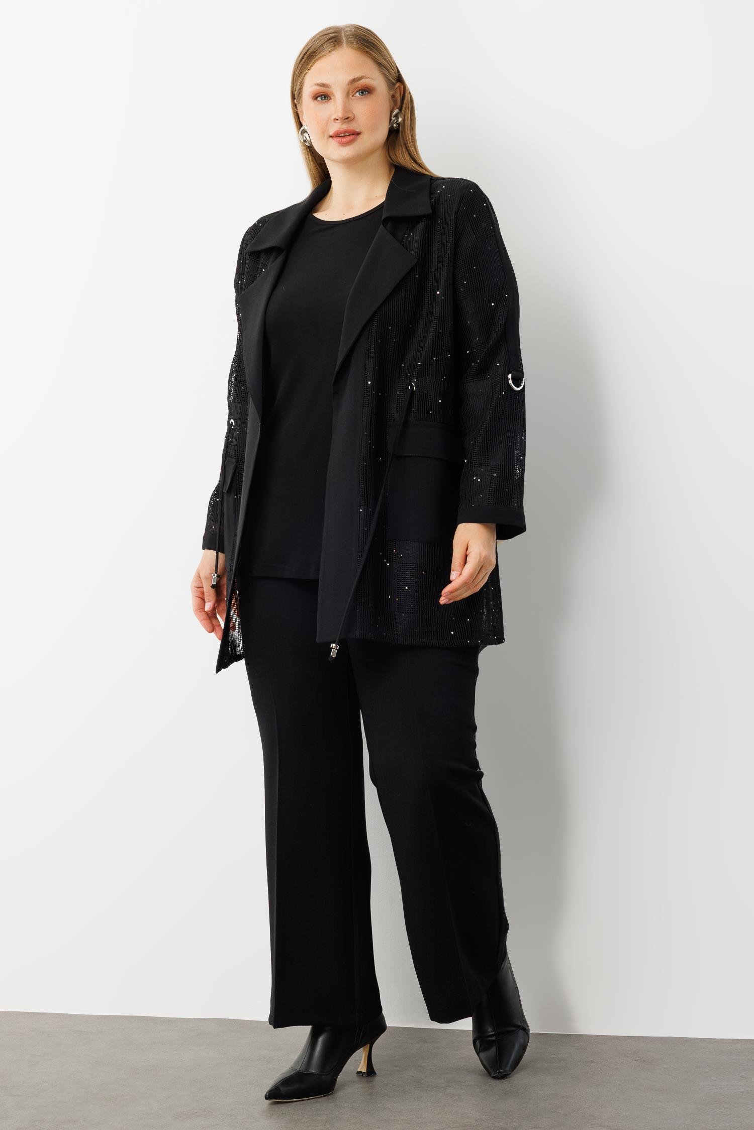 Modailgi  Mono Yaka Pullu File Beli Büzgülü İkili Takım Siyah