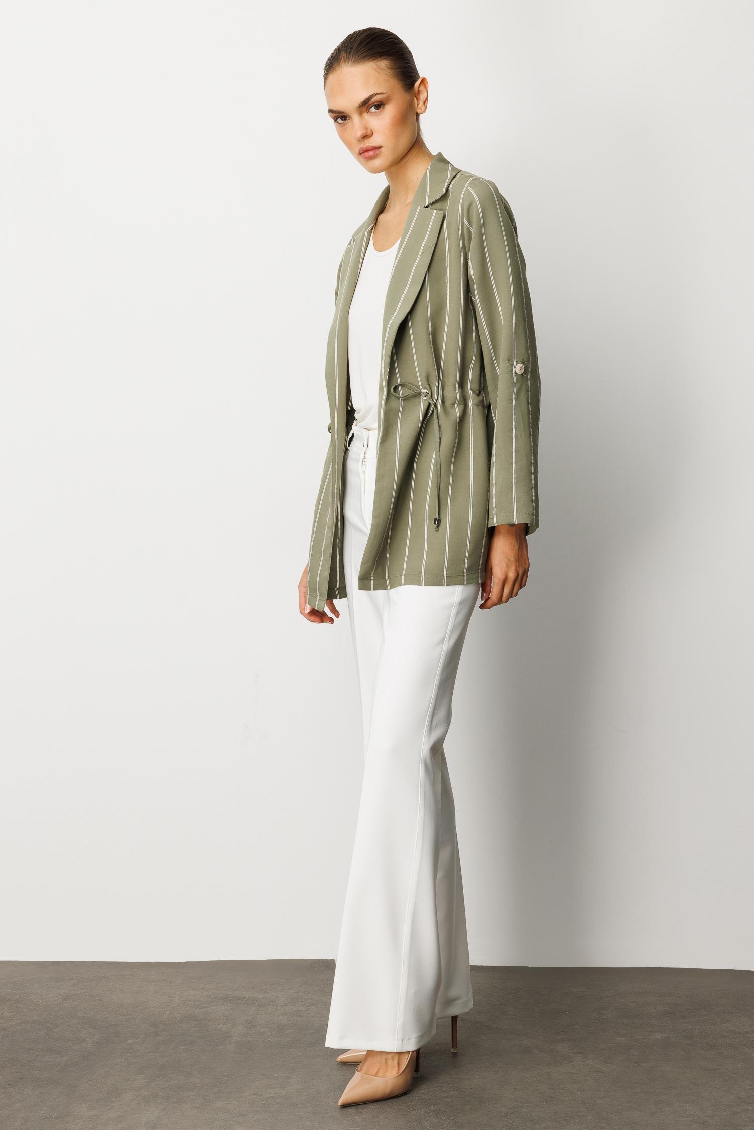 Modailgi  Mono Yaka Safari Kol Beli Tünel Bağcıklı İçi Bluzlu İkili Tunik Haki