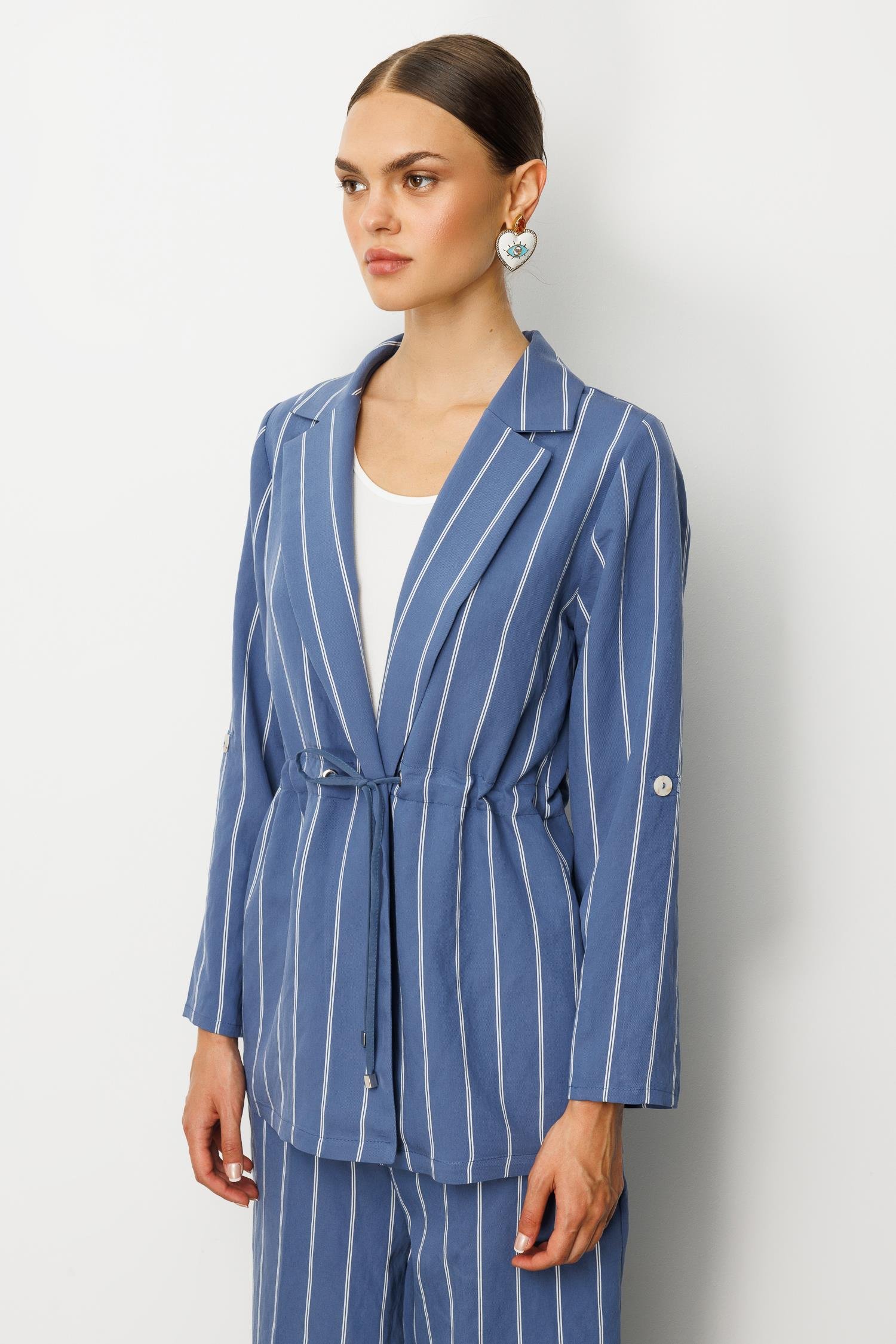 Modailgi  Mono Yaka Safari Kol Beli Tünel Bağcıklı İçi Bluzlu İkili Tunik İndigo