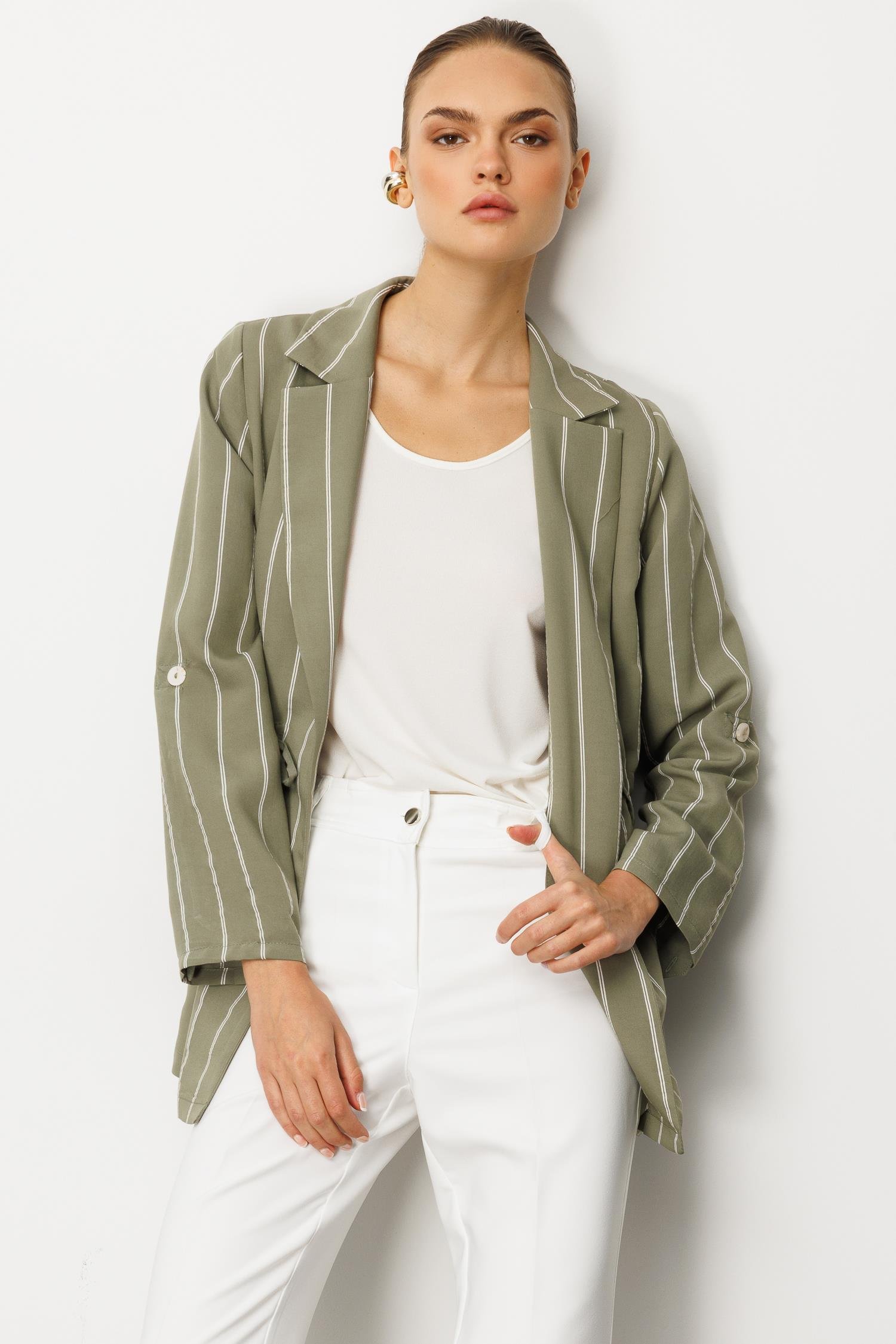 Modailgi  Mono Yaka Safari Kol Beli Tünel Bağcıklı İçi Bluzlu İkili Tunik Haki