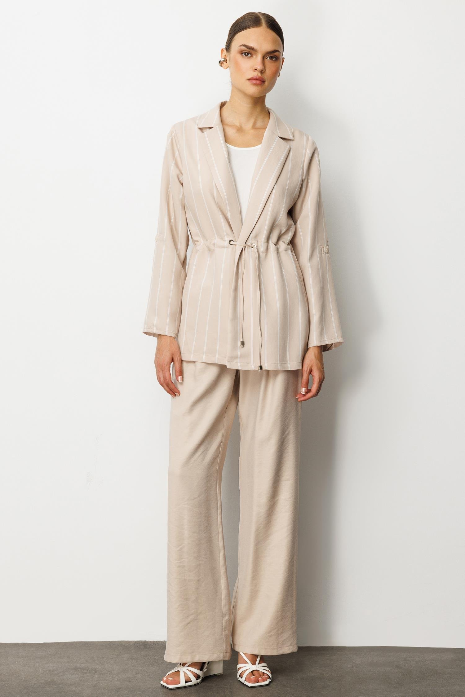 Modailgi  Mono Yaka Safari Kol Beli Tünel Bağcıklı İçi Bluzlu İkili Tunik Taş