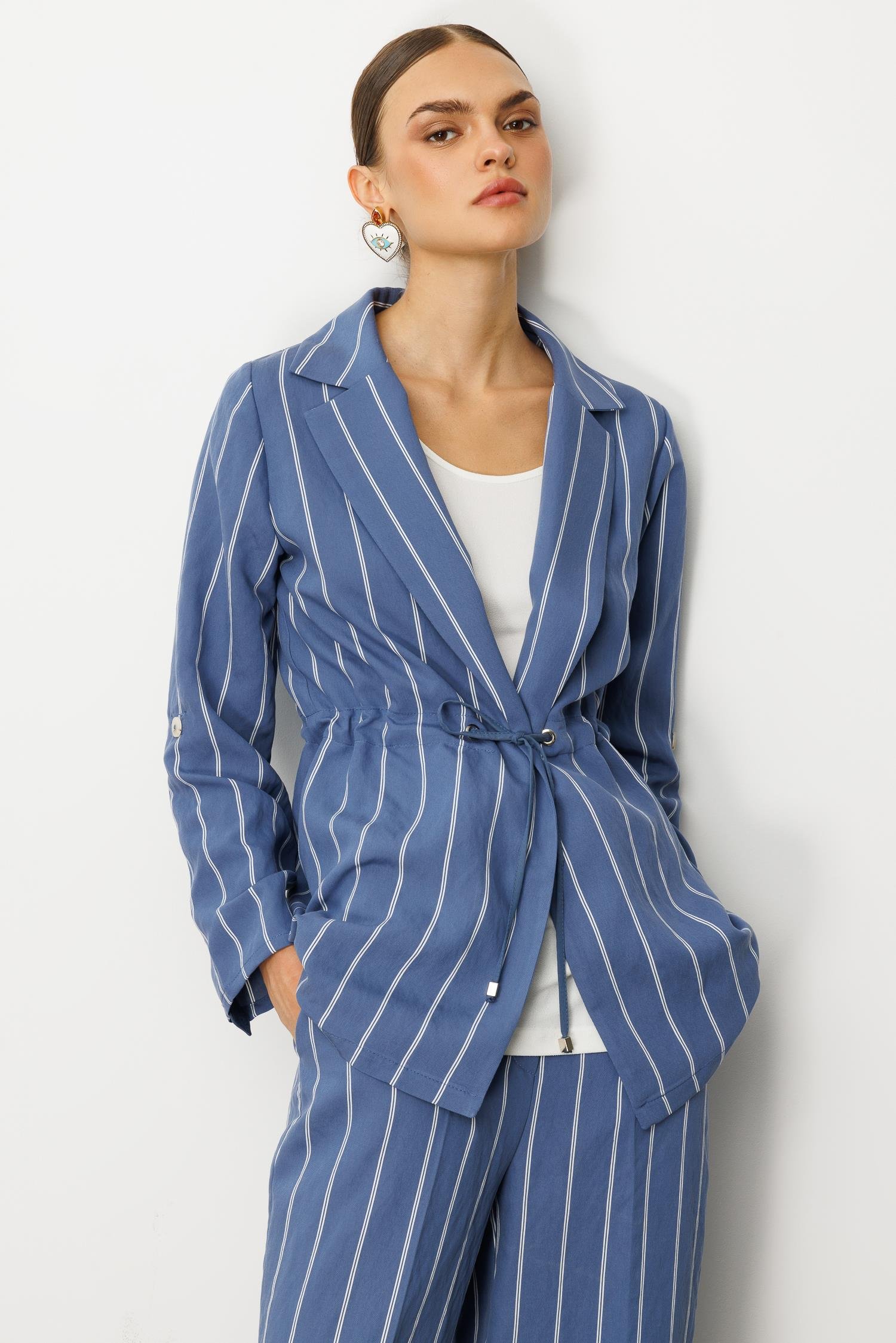 Modailgi  Mono Yaka Safari Kol Beli Tünel Bağcıklı İçi Bluzlu İkili Tunik İndigo