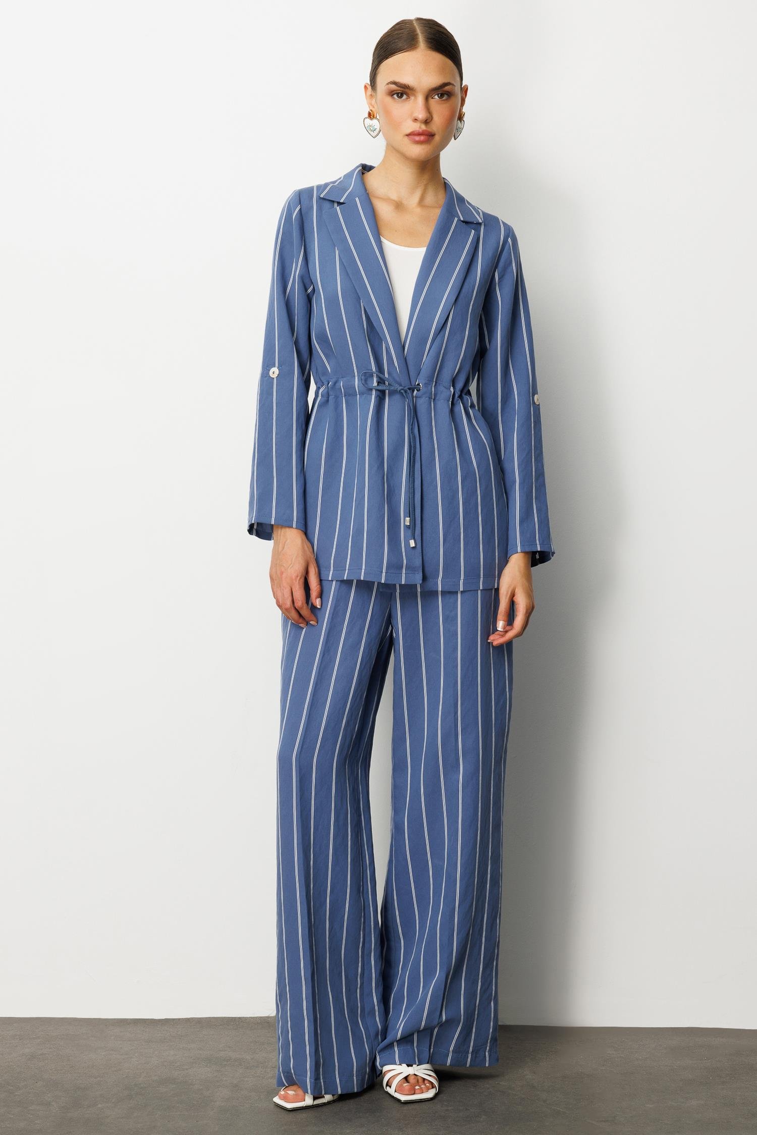 Modailgi  Mono Yaka Safari Kol Beli Tünel Bağcıklı İçi Bluzlu İkili Tunik İndigo