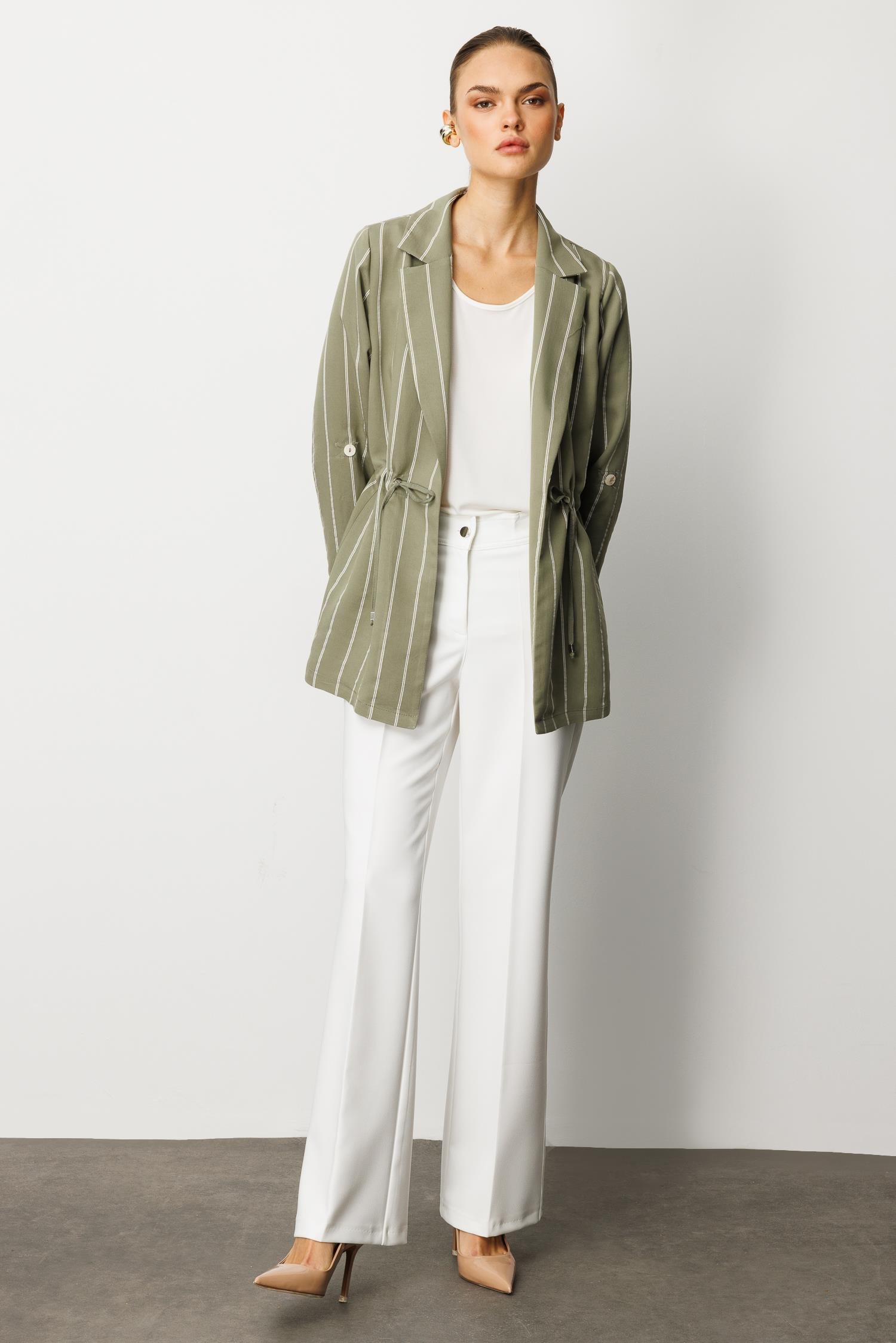 Modailgi  Mono Yaka Safari Kol Beli Tünel Bağcıklı İçi Bluzlu İkili Tunik Haki