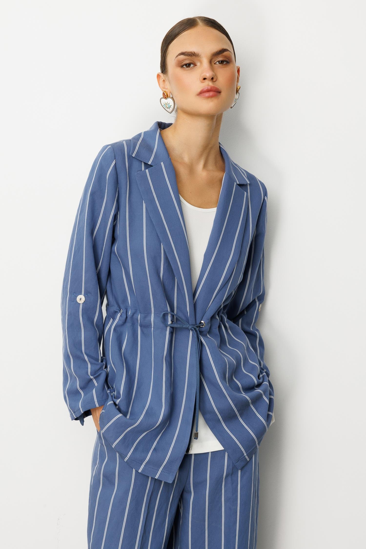 Modailgi  Mono Yaka Safari Kol Beli Tünel Bağcıklı İçi Bluzlu İkili Tunik İndigo