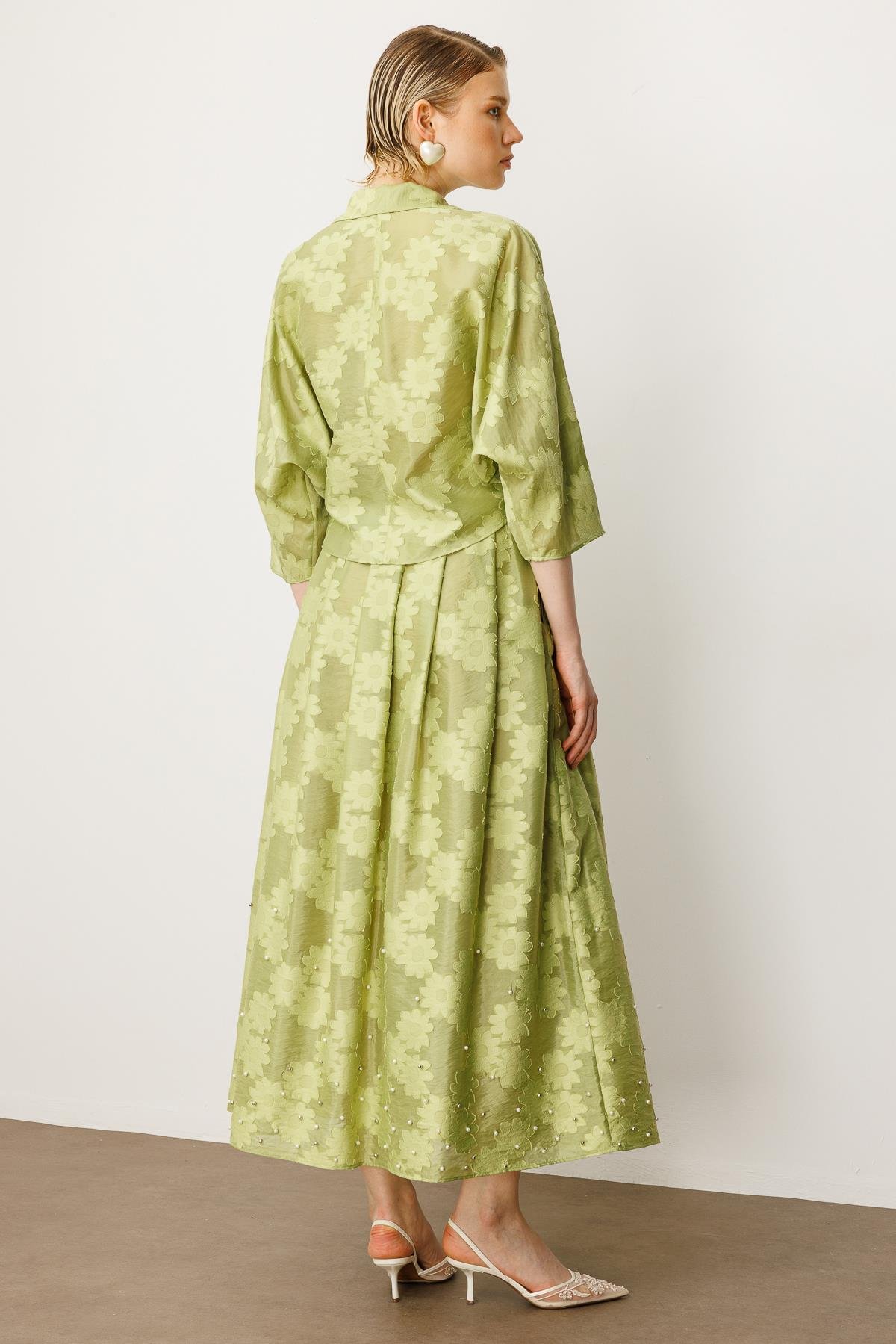 Modailgi  Mono Yaka Yarasa Kol Önden Bağlamalı İnci Detaylı Gömlek Yeşil