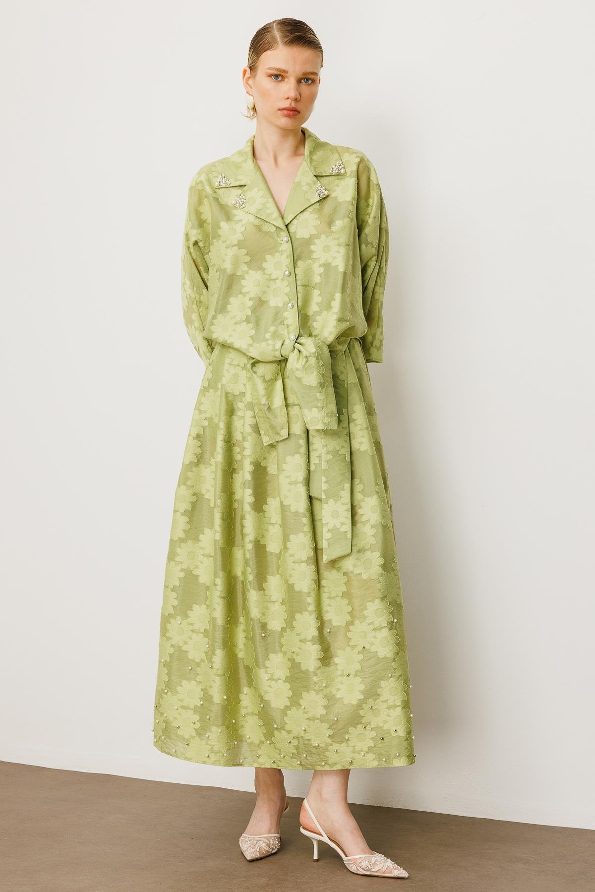 Modailgi  Mono Yaka Yarasa Kol Önden Bağlamalı İnci Detaylı Gömlek Yeşil