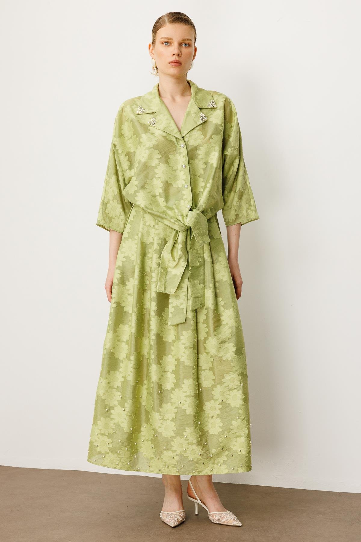 Modailgi  Mono Yaka Yarasa Kol Önden Bağlamalı İnci Detaylı Gömlek Yeşil