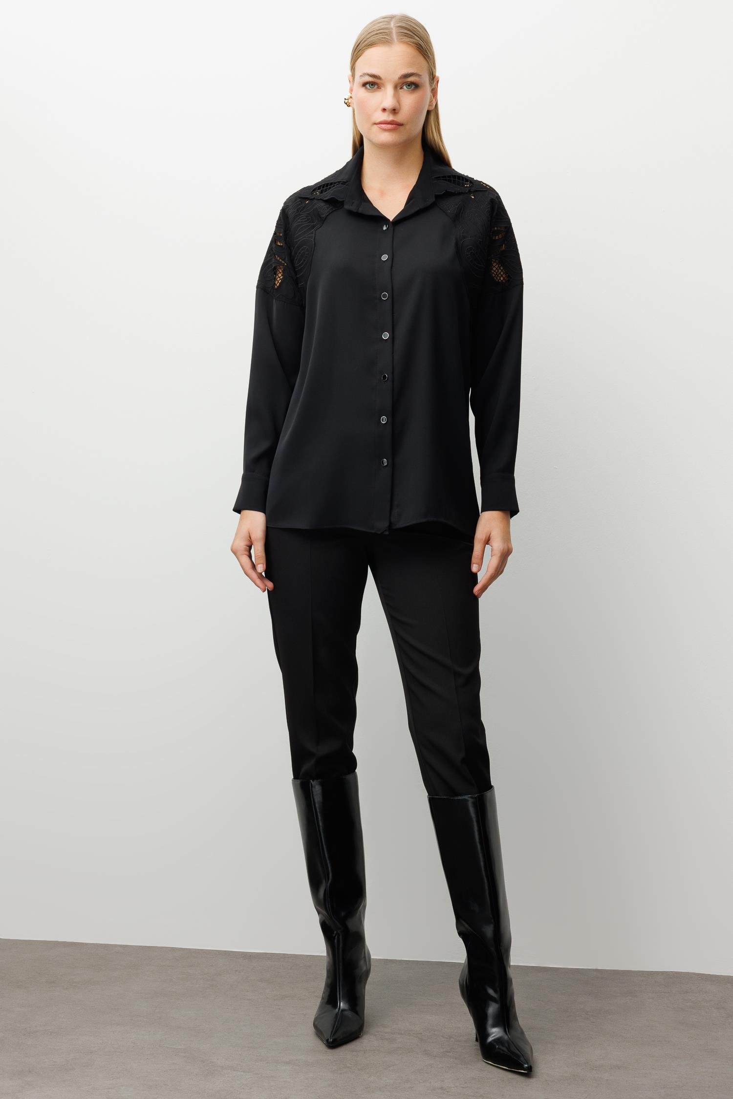 Modailgi  Nakış Detaylı Oversize Gömlek Siyah