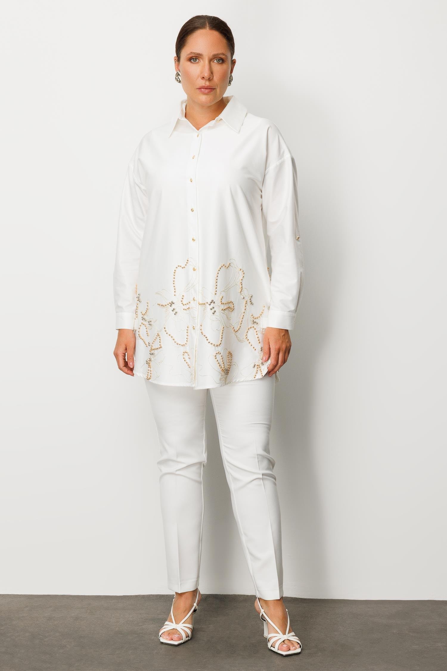 Modailgi  Nakış ve İnci Detaylı Rahat Kesim Gömlek Ekru