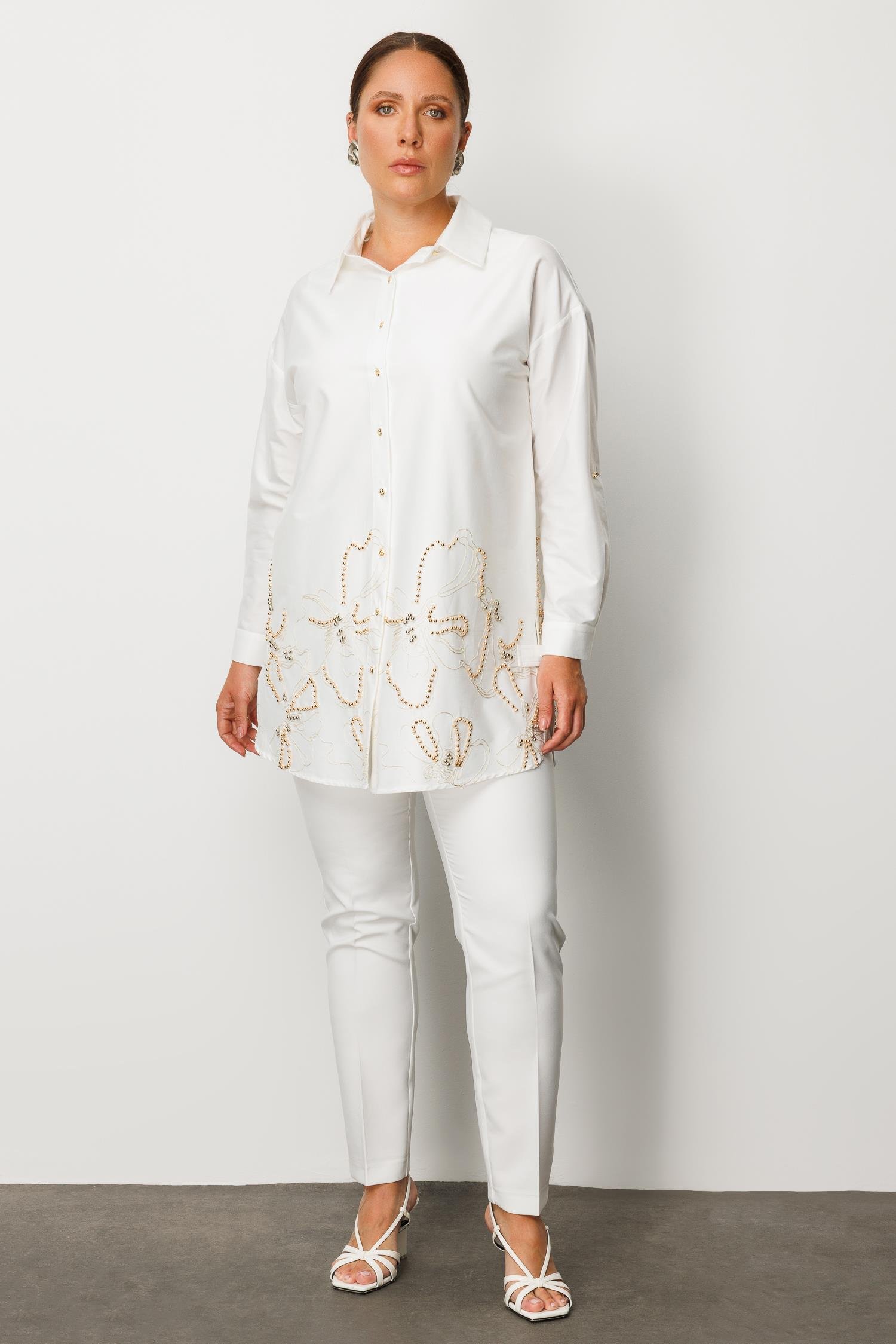 Modailgi  Nakış ve İnci Detaylı Rahat Kesim Gömlek Ekru