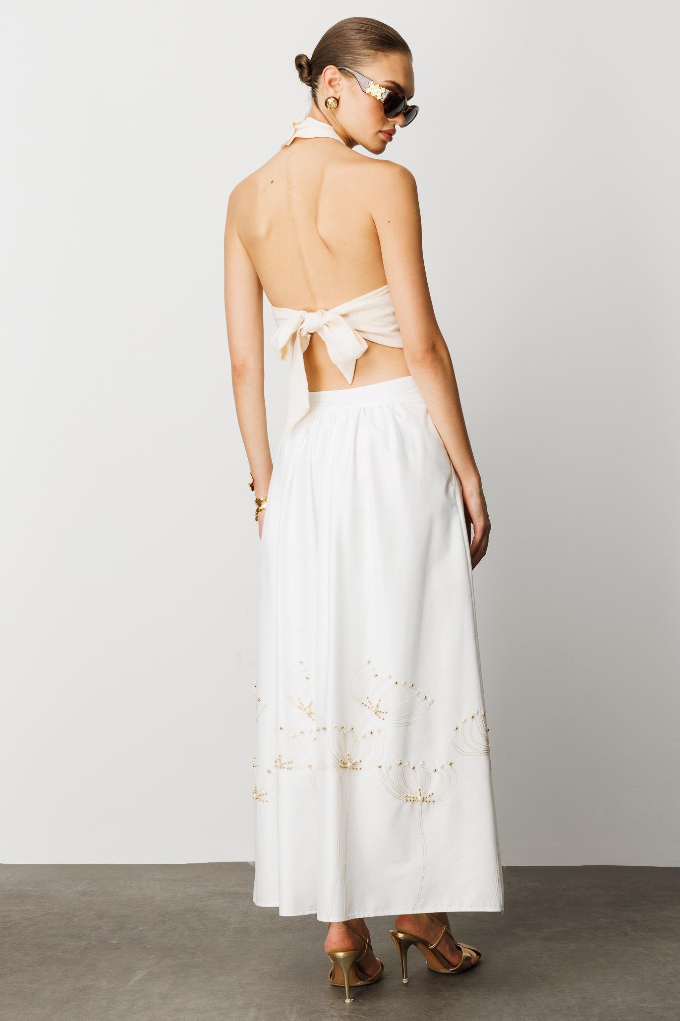 Modailgi  Nakış ve İnci İşlemeli Yandan Cepli Etek Ekru