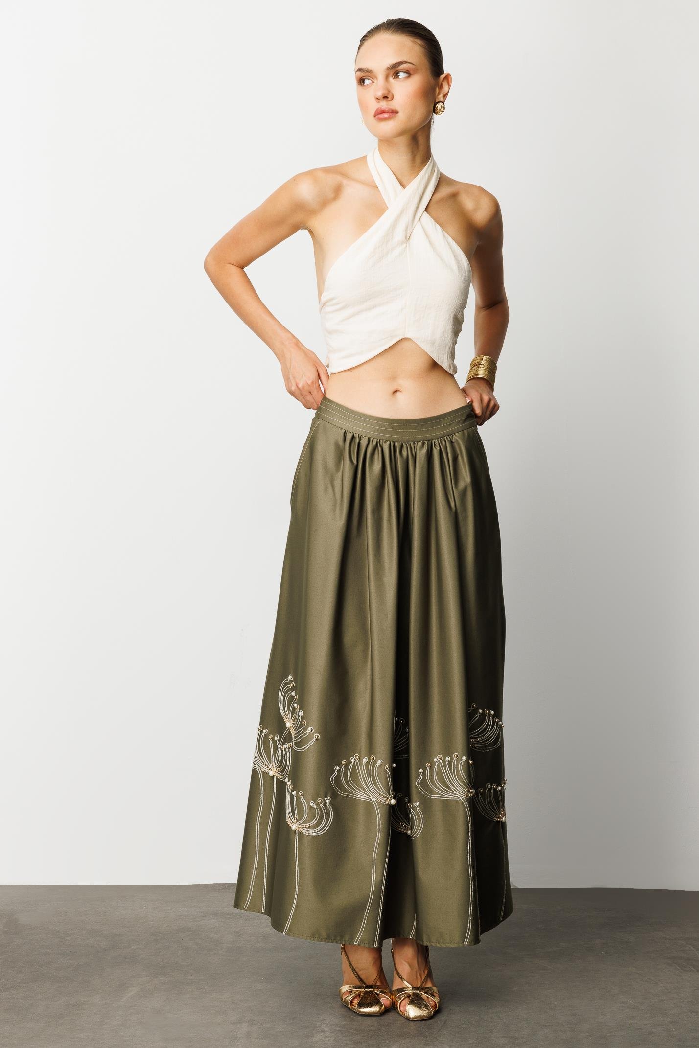 Modailgi  Nakış ve İnci İşlemeli Yandan Cepli Etek Haki