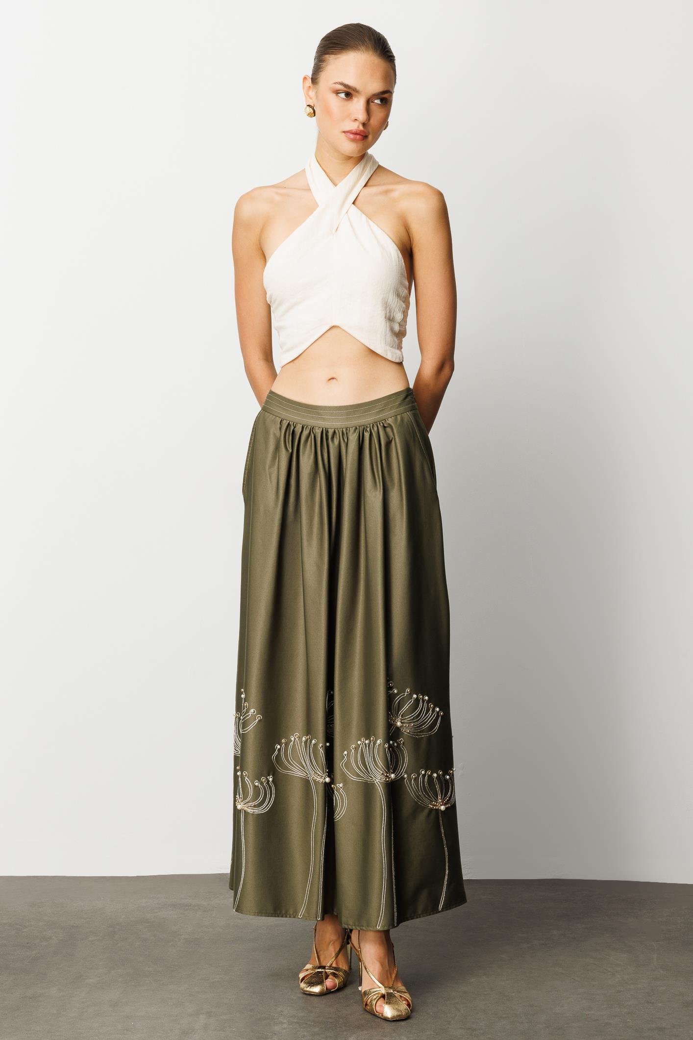 Modailgi  Nakış ve İnci İşlemeli Yandan Cepli Etek Haki