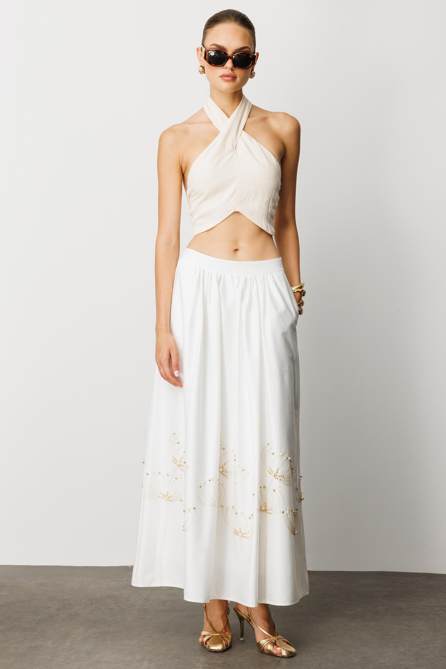 Modailgi  Nakış ve İnci İşlemeli Yandan Cepli Etek Ekru
