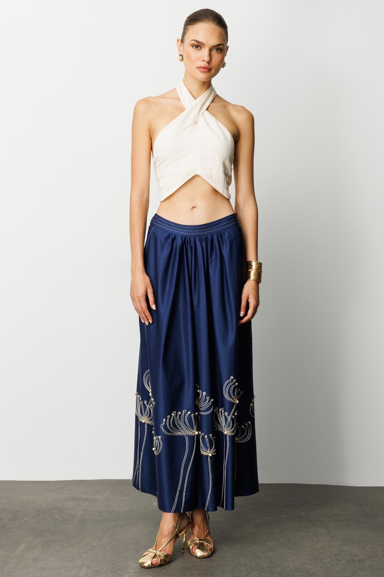 Modailgi  Nakış ve İnci İşlemeli Yandan Cepli Etek Lacivert