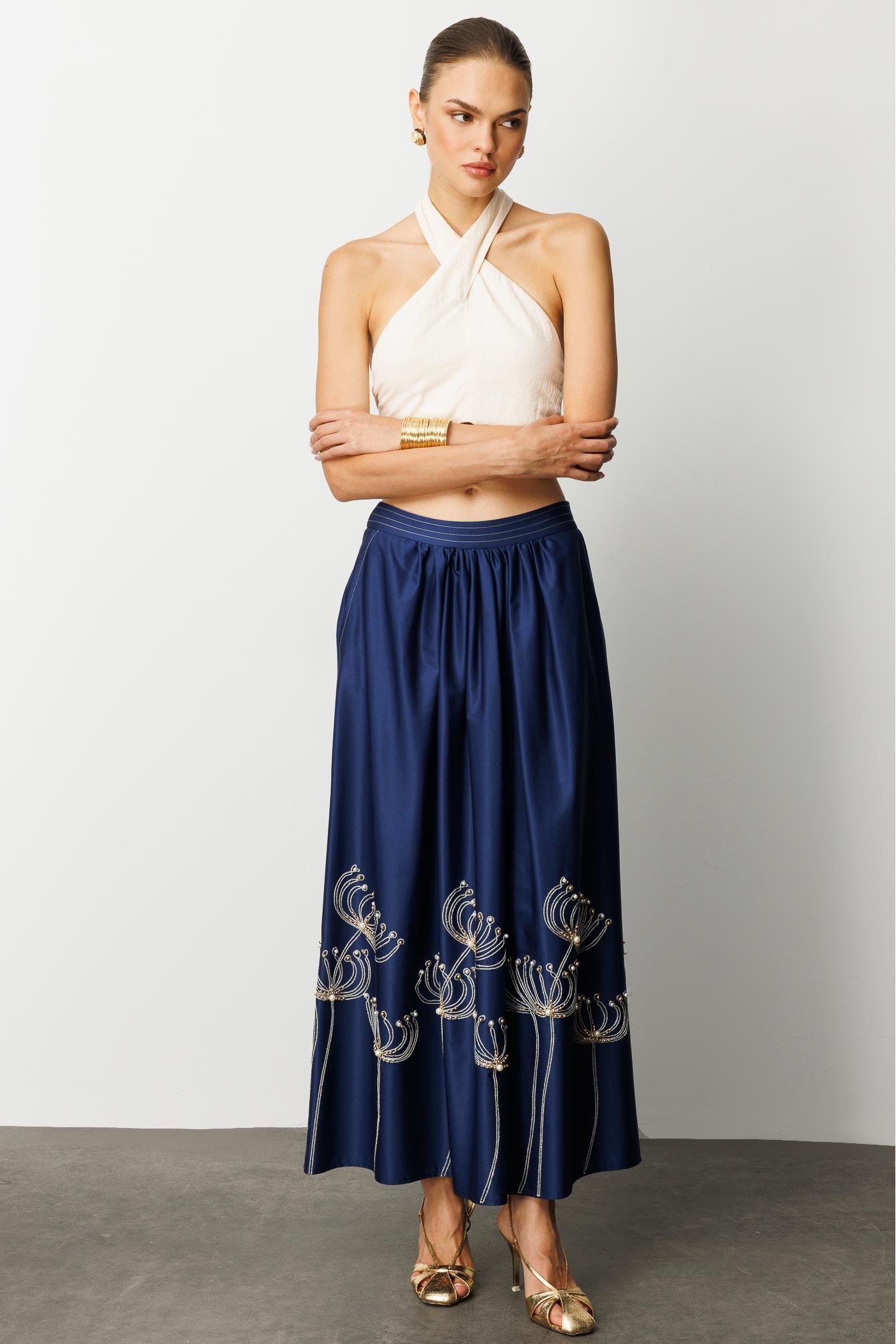 Modailgi  Nakış ve İnci İşlemeli Yandan Cepli Etek Lacivert