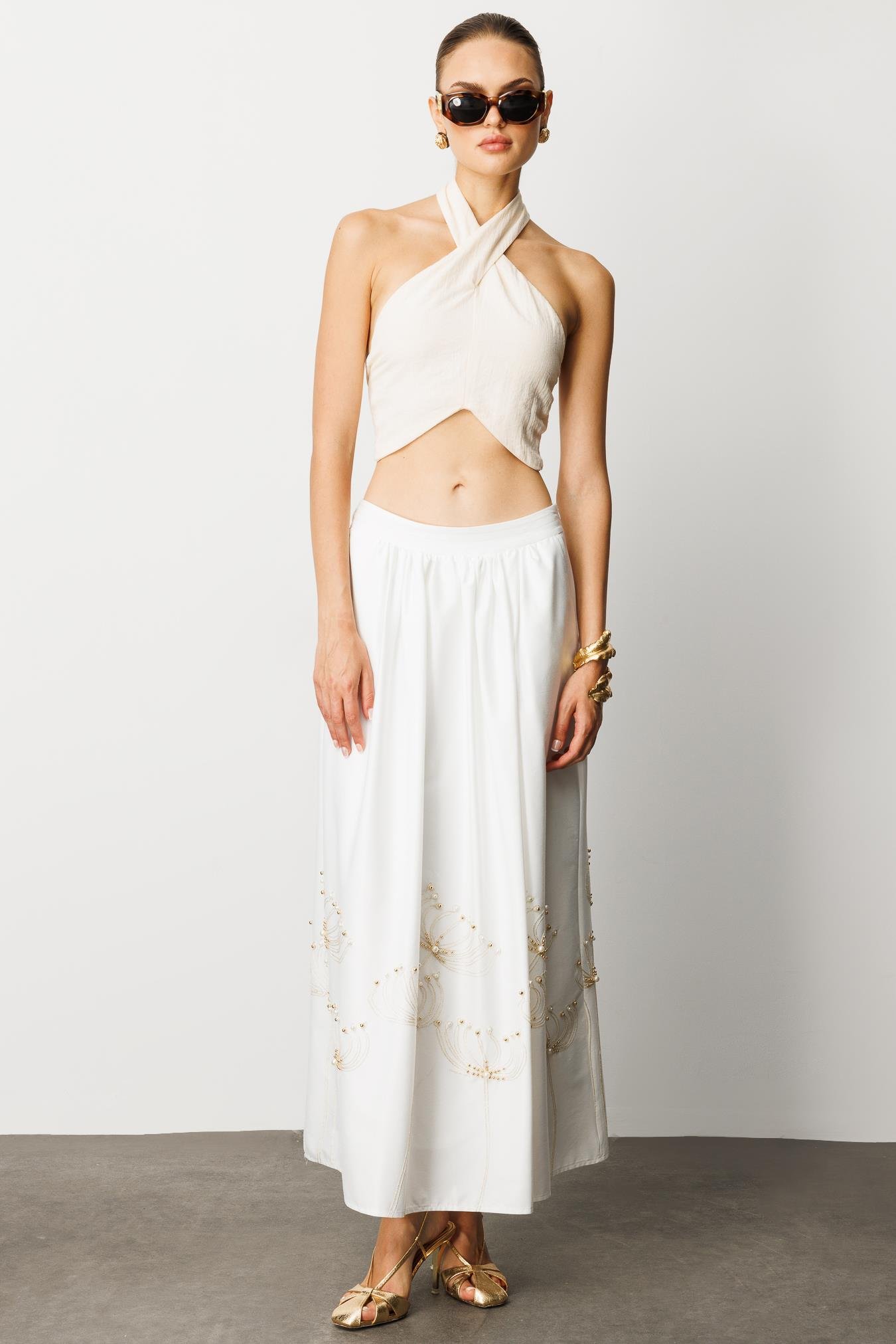 Modailgi  Nakış ve İnci İşlemeli Yandan Cepli Etek Ekru