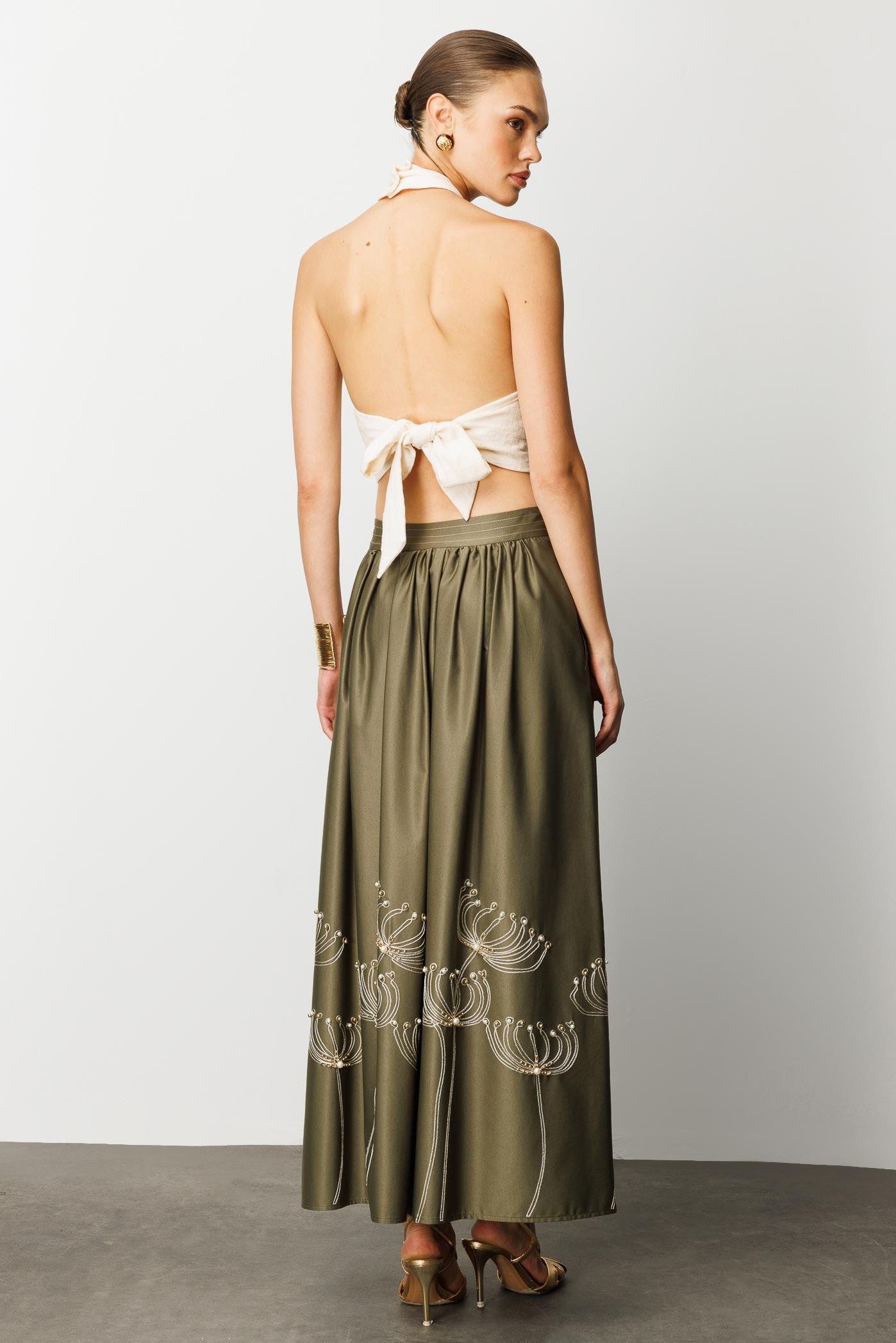 Modailgi  Nakış ve İnci İşlemeli Yandan Cepli Etek Haki