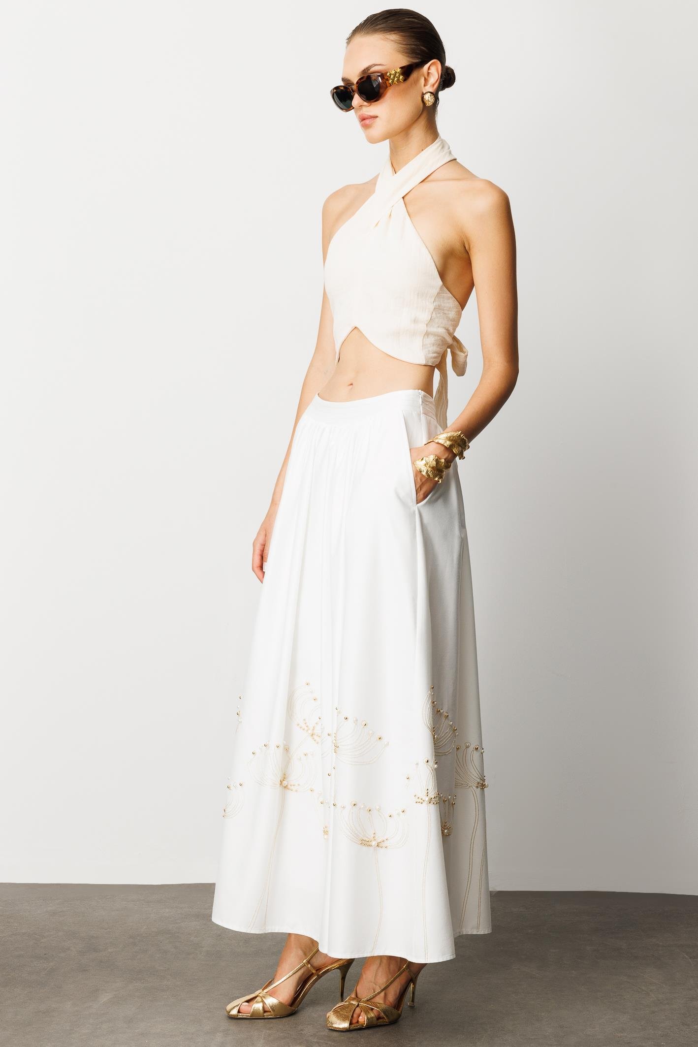 Modailgi  Nakış ve İnci İşlemeli Yandan Cepli Etek Ekru