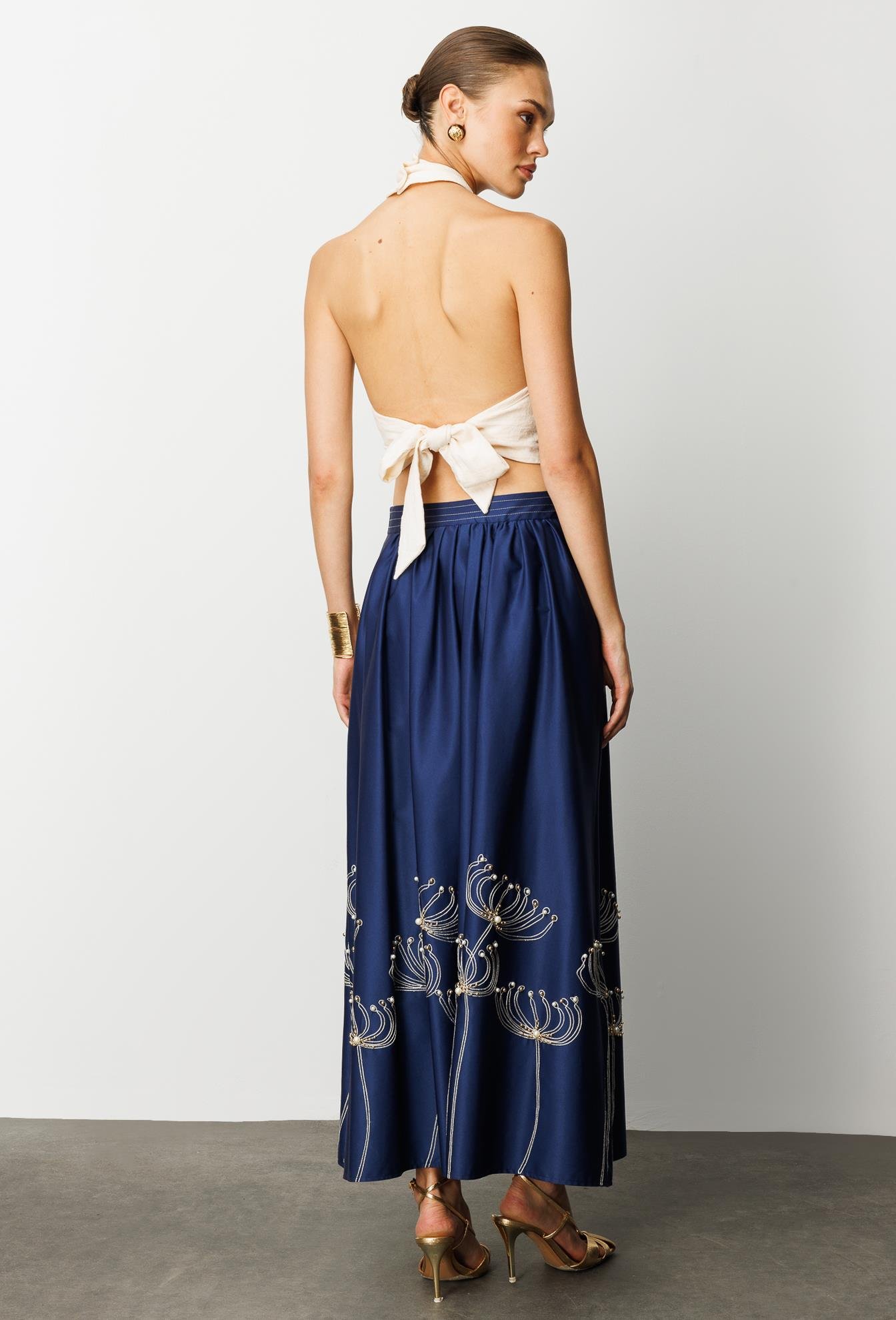 Modailgi  Nakış ve İnci İşlemeli Yandan Cepli Etek Lacivert