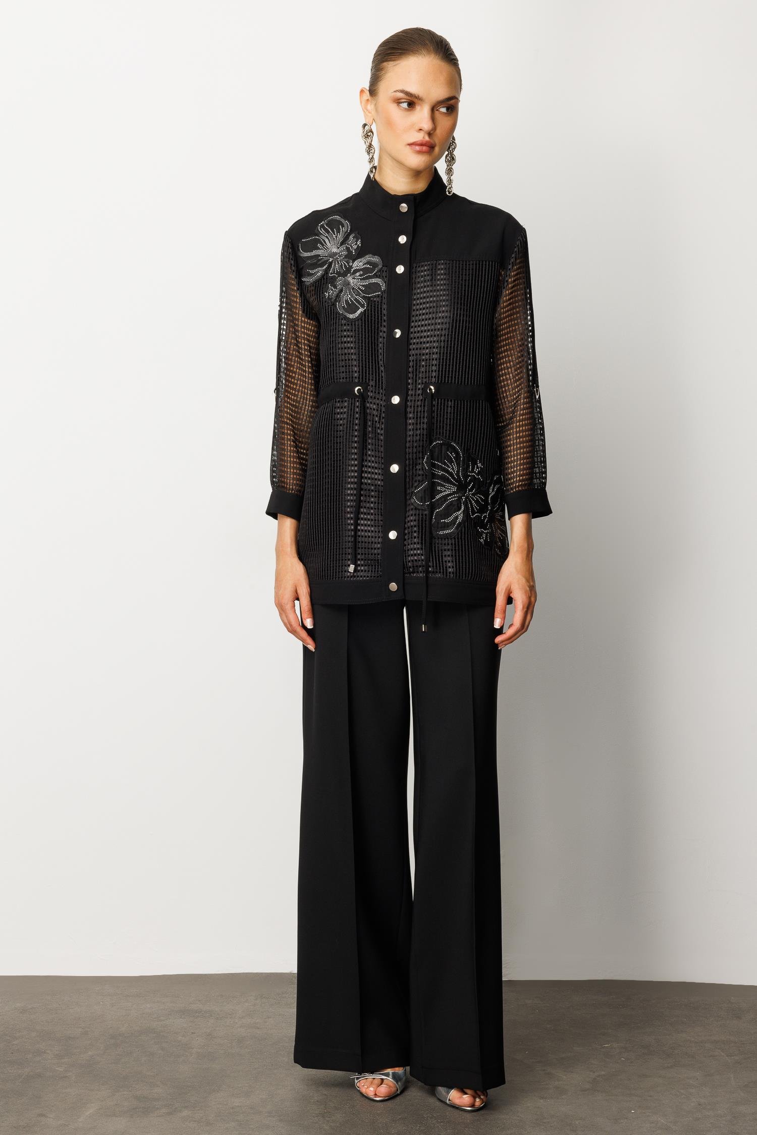 Modailgi  Nakışlı Beli Büzgülü File Detaylı İkili Takım Siyah