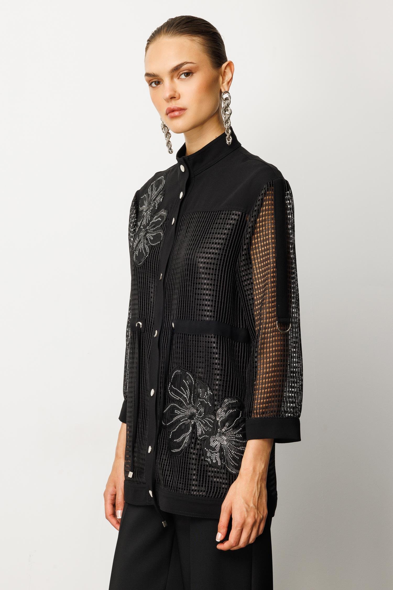 Modailgi  Nakışlı Beli Büzgülü File Detaylı İkili Takım Siyah