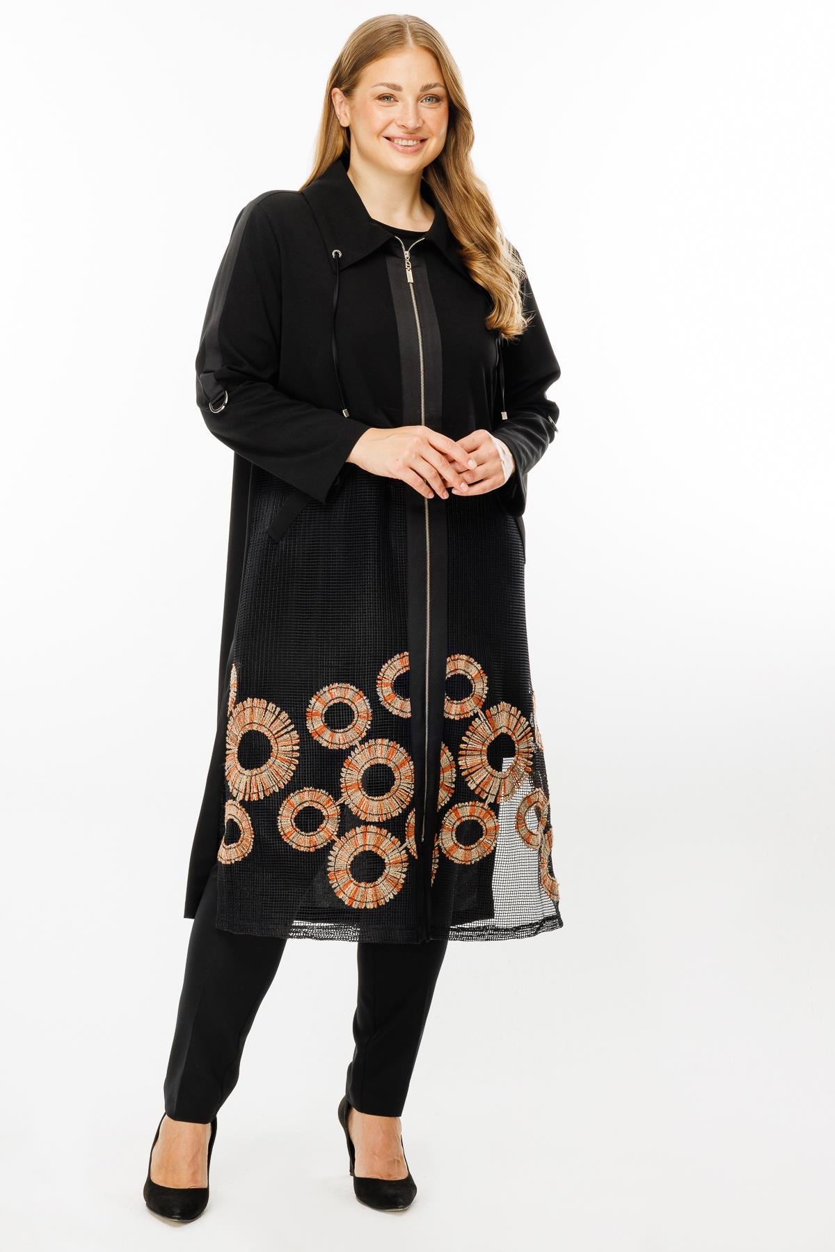 Modailgi  Nakışlı File Detaylı Uzun Kap Siyah