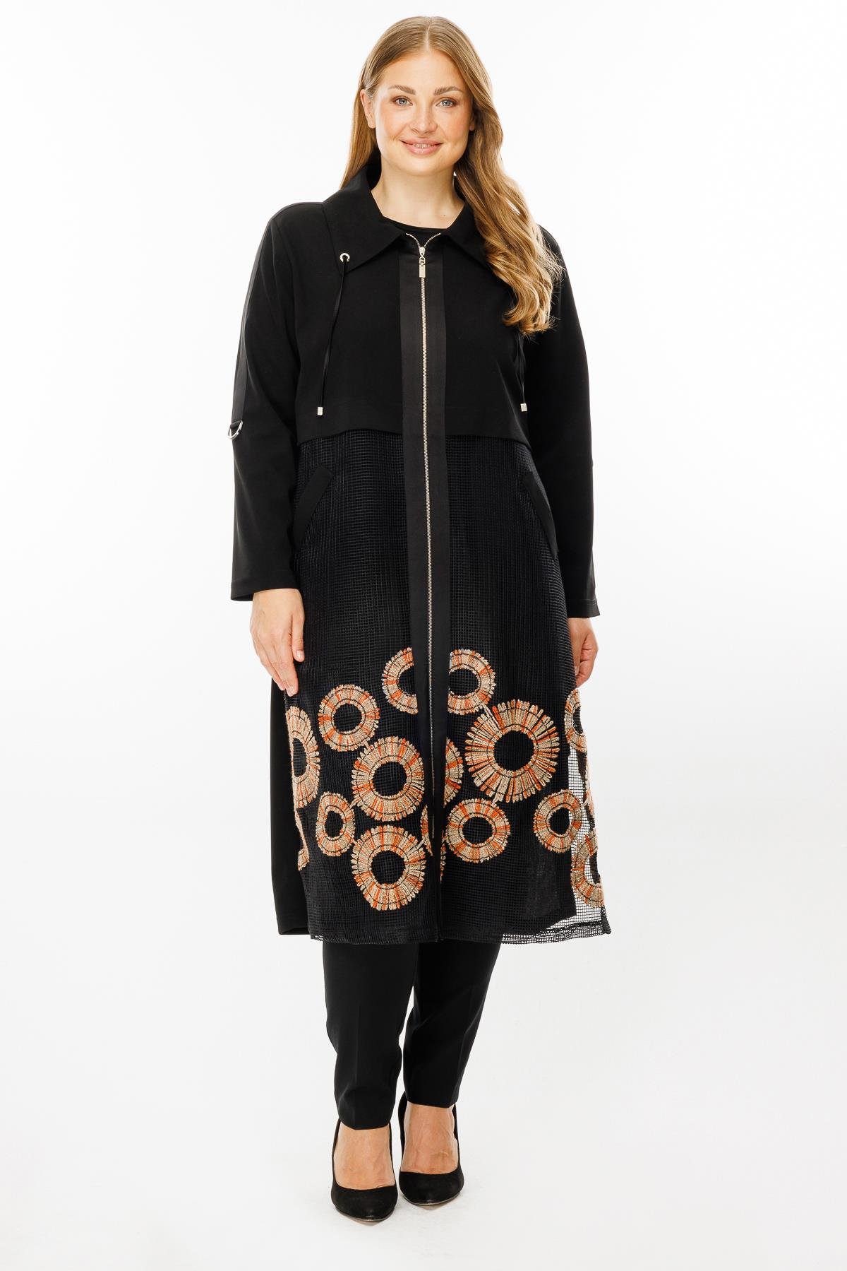 Modailgi  Nakışlı File Detaylı Uzun Kap Siyah