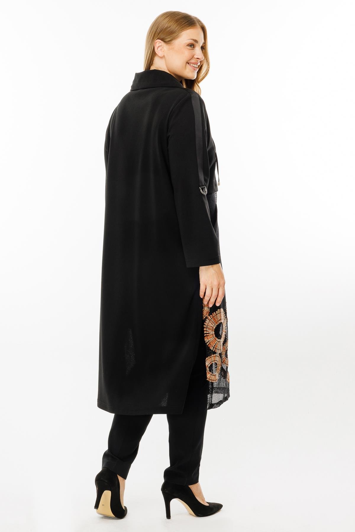 Modailgi  Nakışlı File Detaylı Uzun Kap Siyah