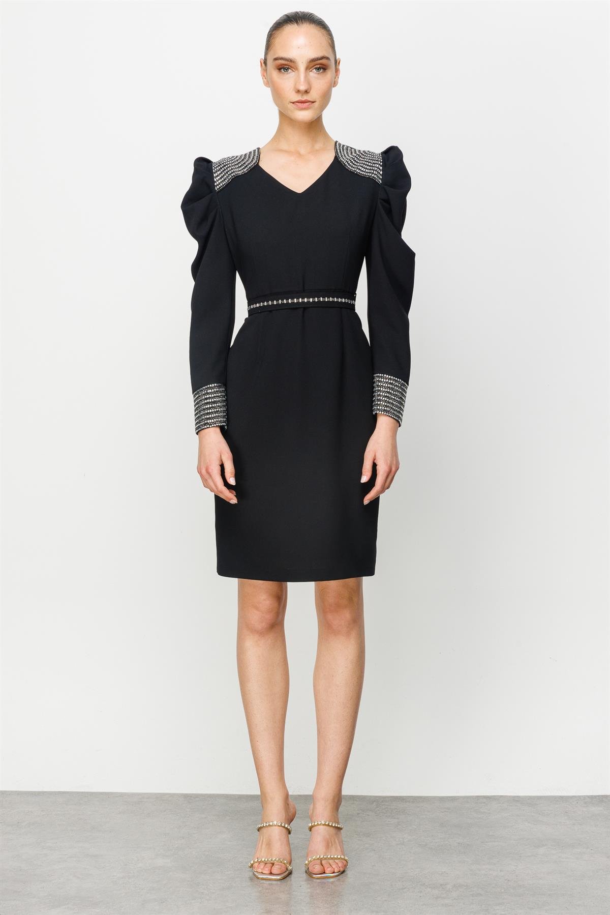 Modailgi  Omuz ve Kolları Taşlı Elbise Siyah