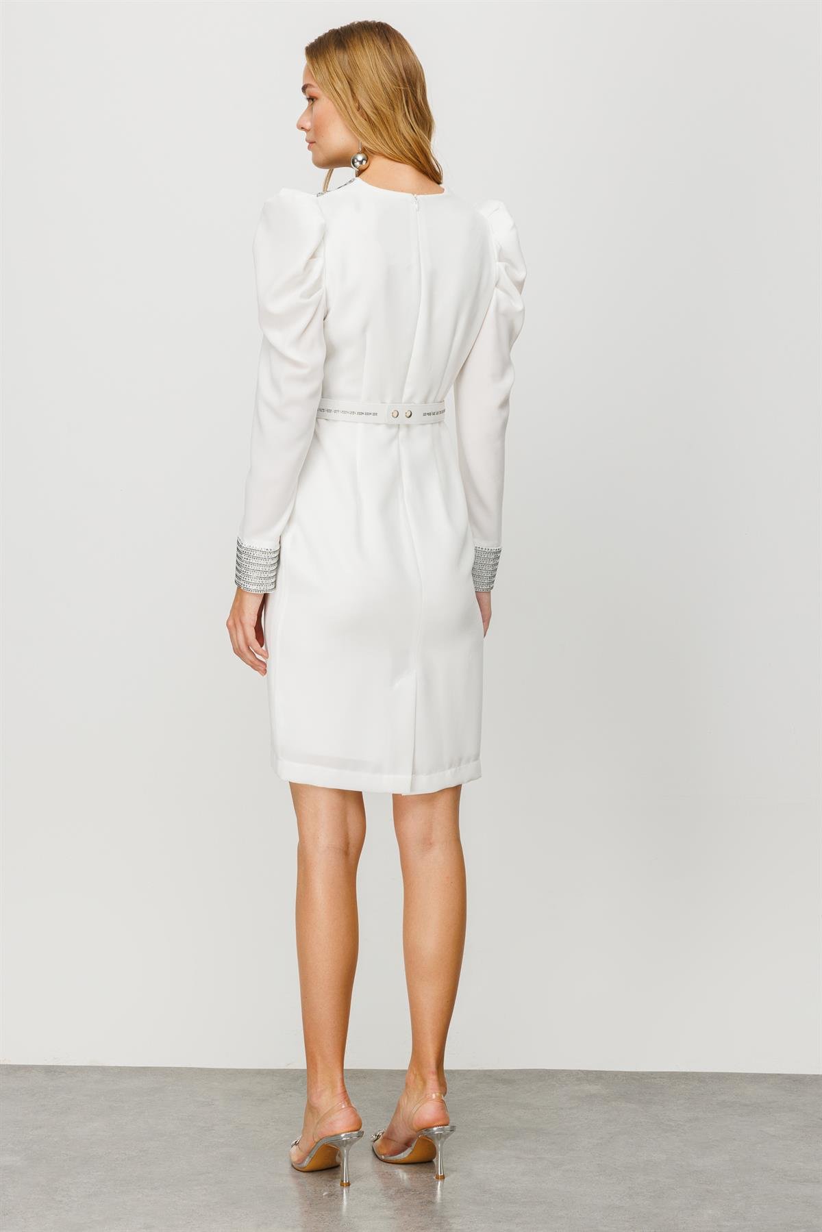 Modailgi  Omuz ve Kolları Taşlı Elbise Ekru