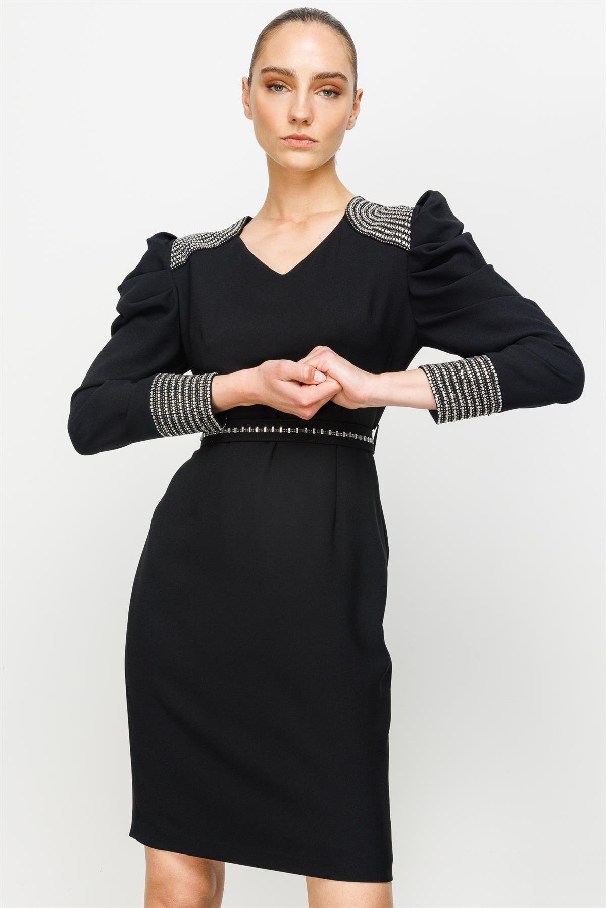 Modailgi  Omuz ve Kolları Taşlı Elbise Siyah