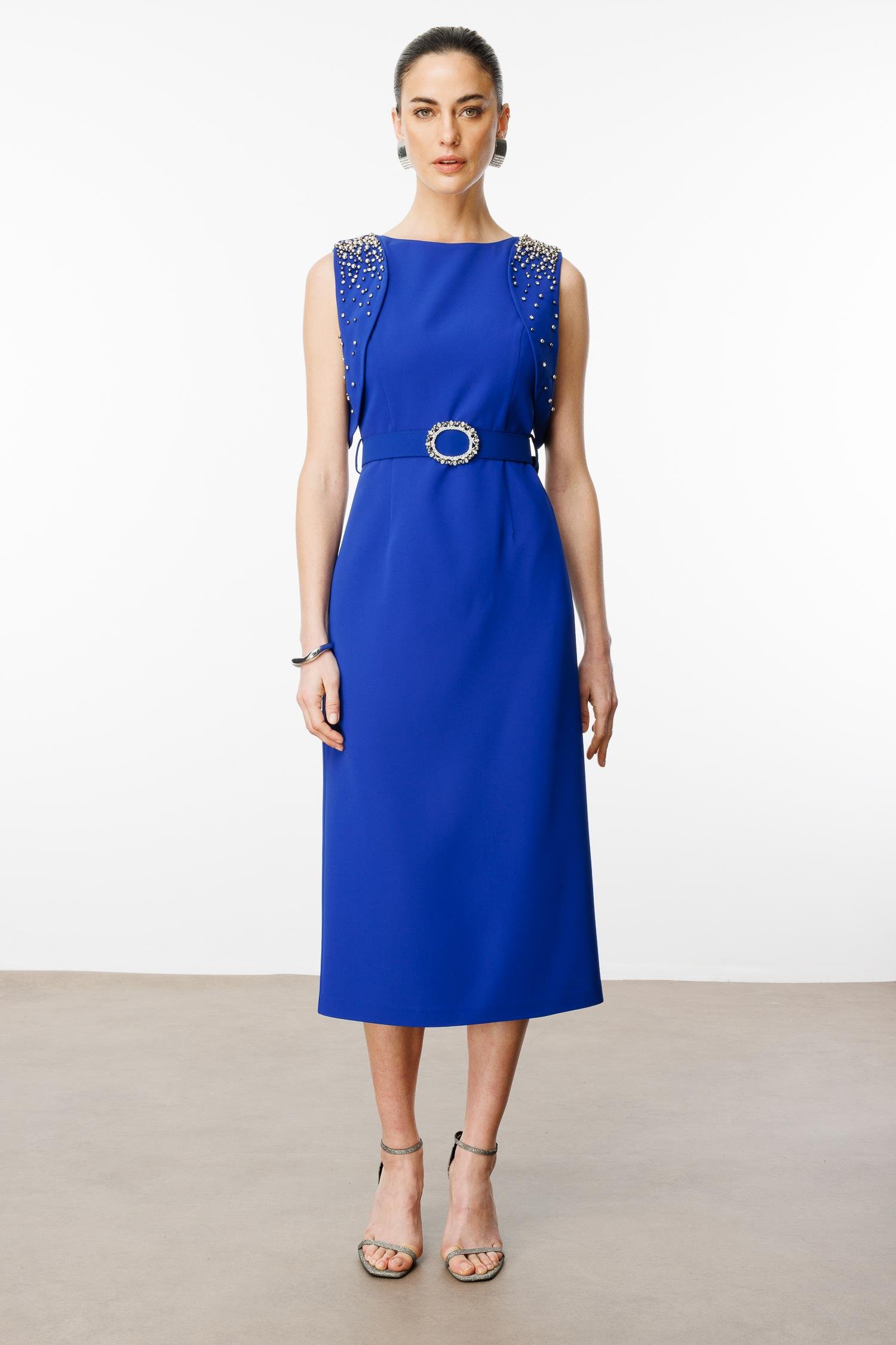 Modailgi  Omuzları İnci Detaylı Elbise Saks