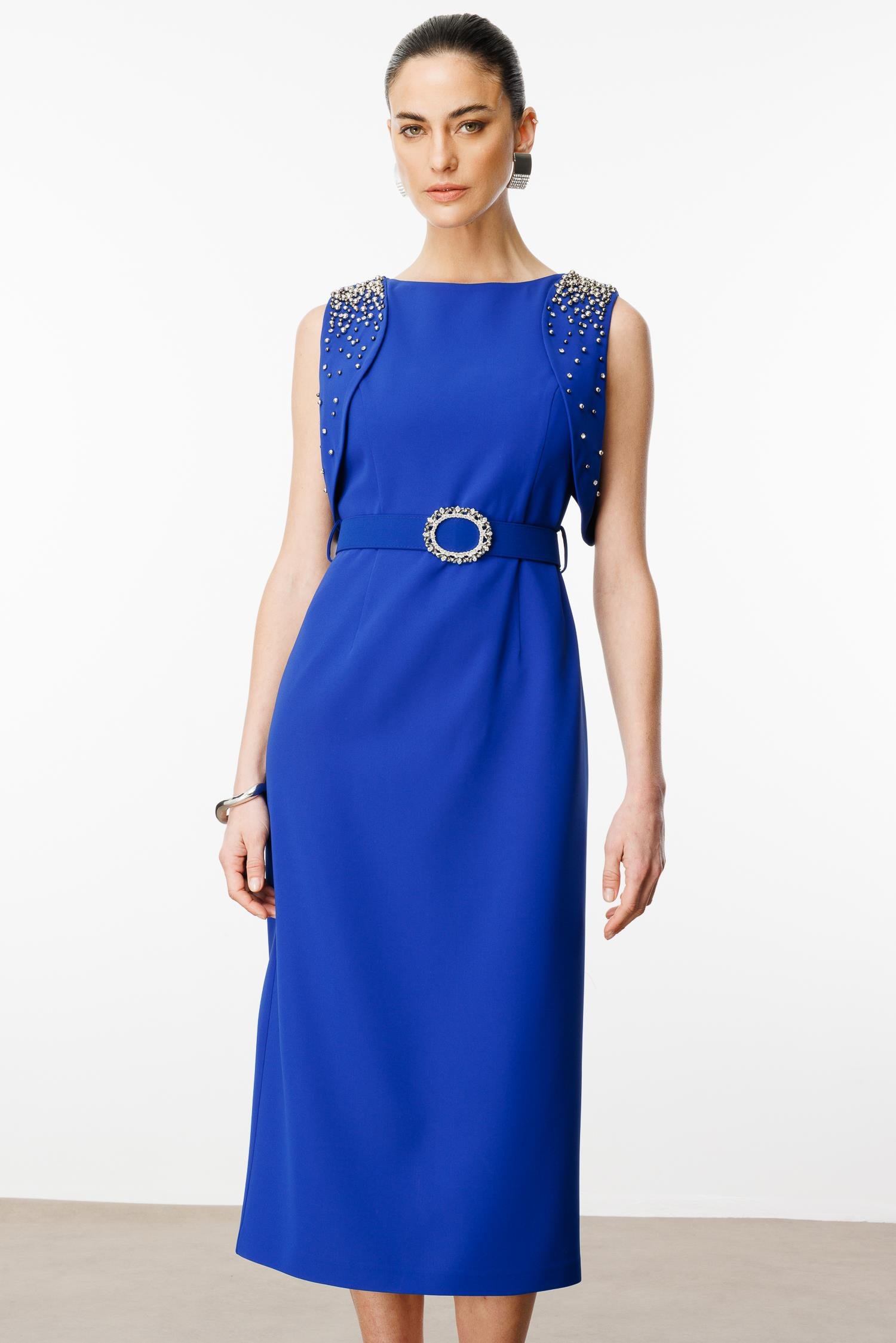 Modailgi  Omuzları İnci Detaylı Elbise Saks