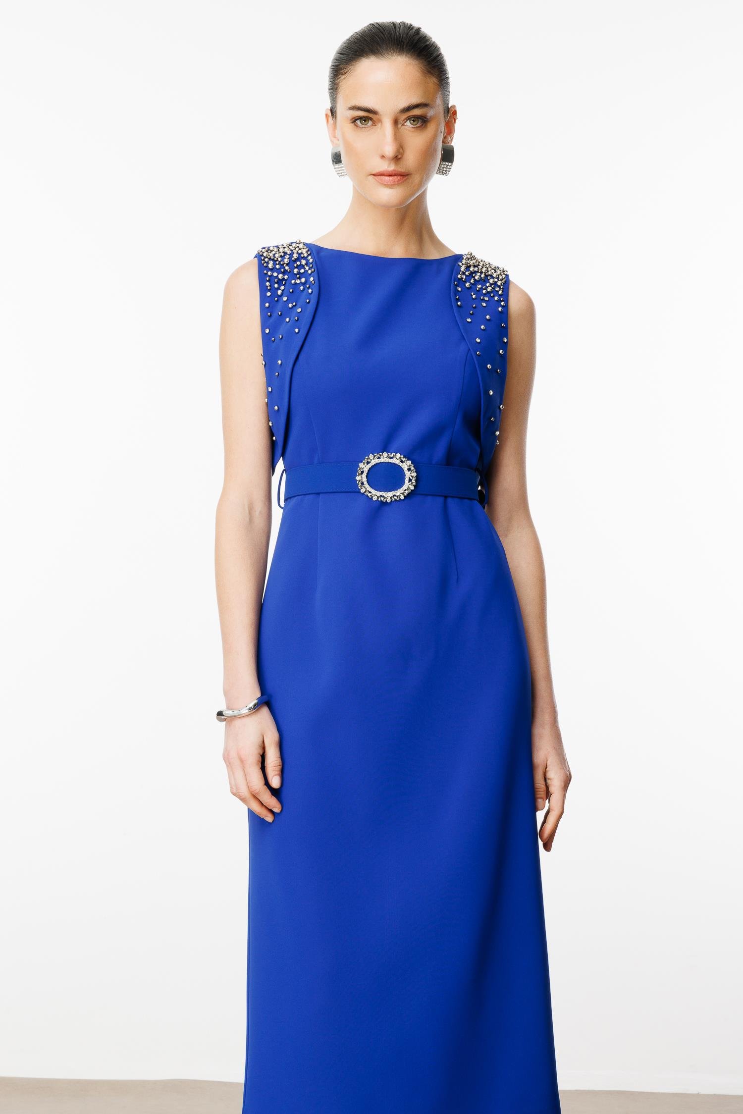 Modailgi  Omuzları İnci Detaylı Elbise Saks