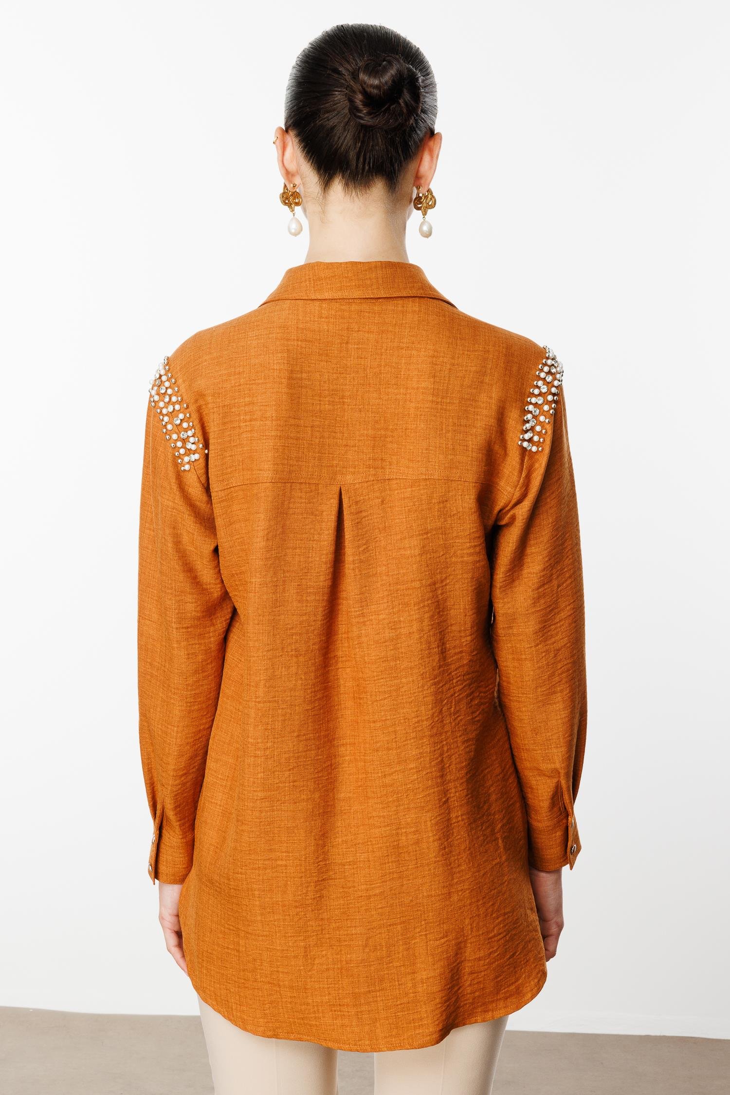 Modailgi  Omuzları İşlemeli Rahat Kesim Gömlek Tarçın