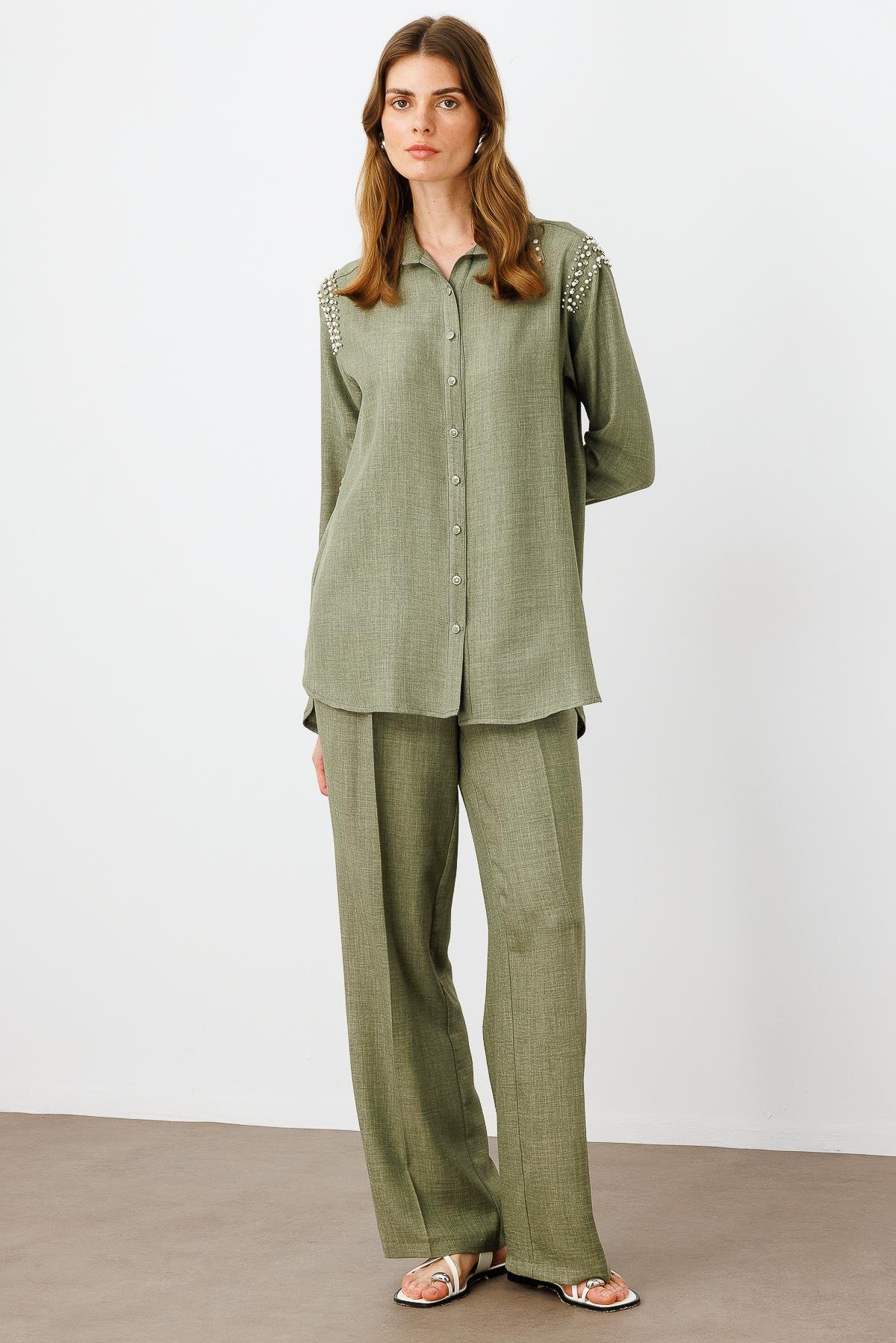 Modailgi  Omuzları İşlemeli Rahat Kesim Gömlek Haki