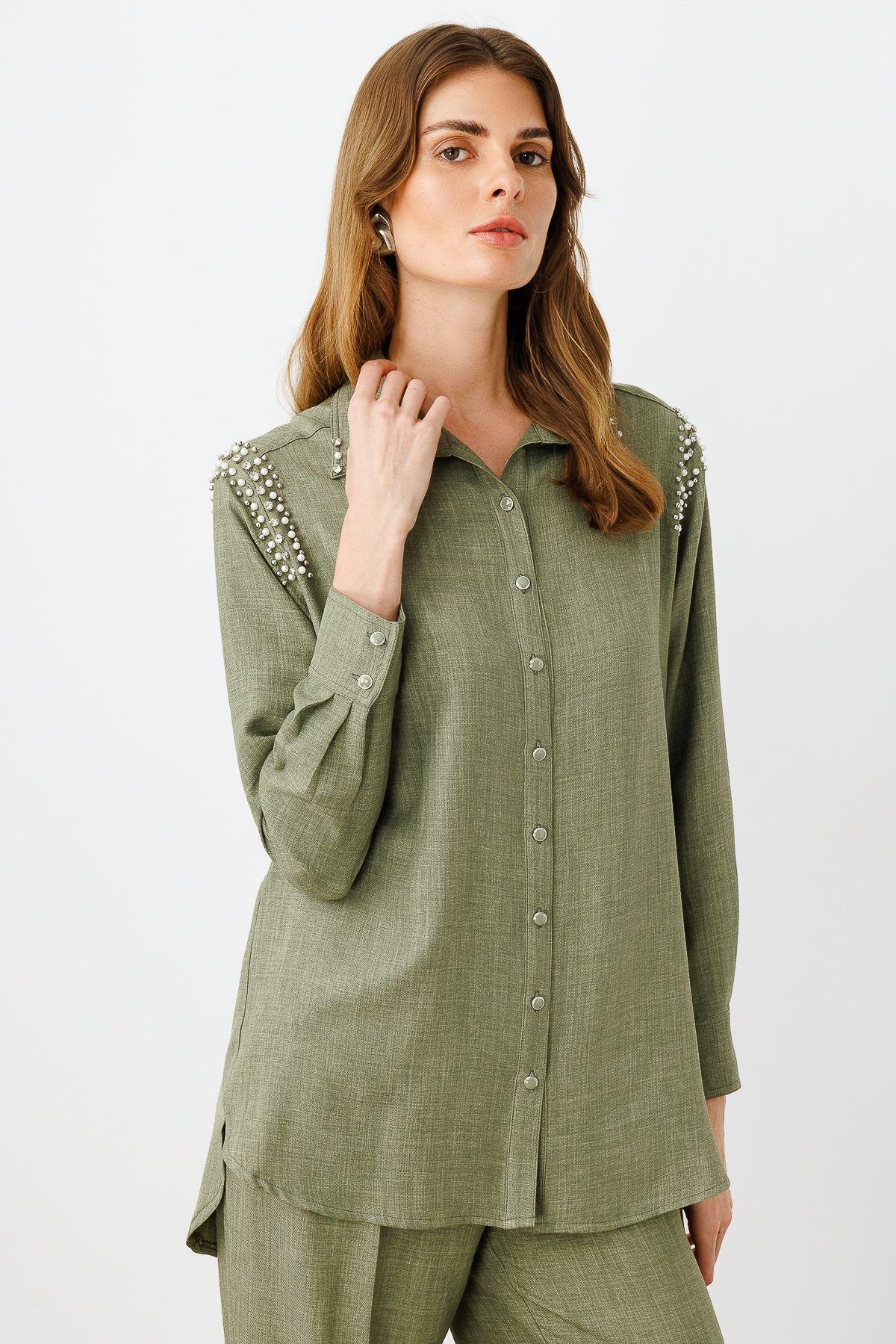 Modailgi  Omuzları İşlemeli Rahat Kesim Gömlek Haki