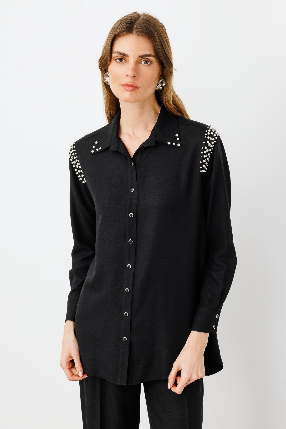 Modailgi  Omuzları İşlemeli Rahat Kesim Gömlek Siyah