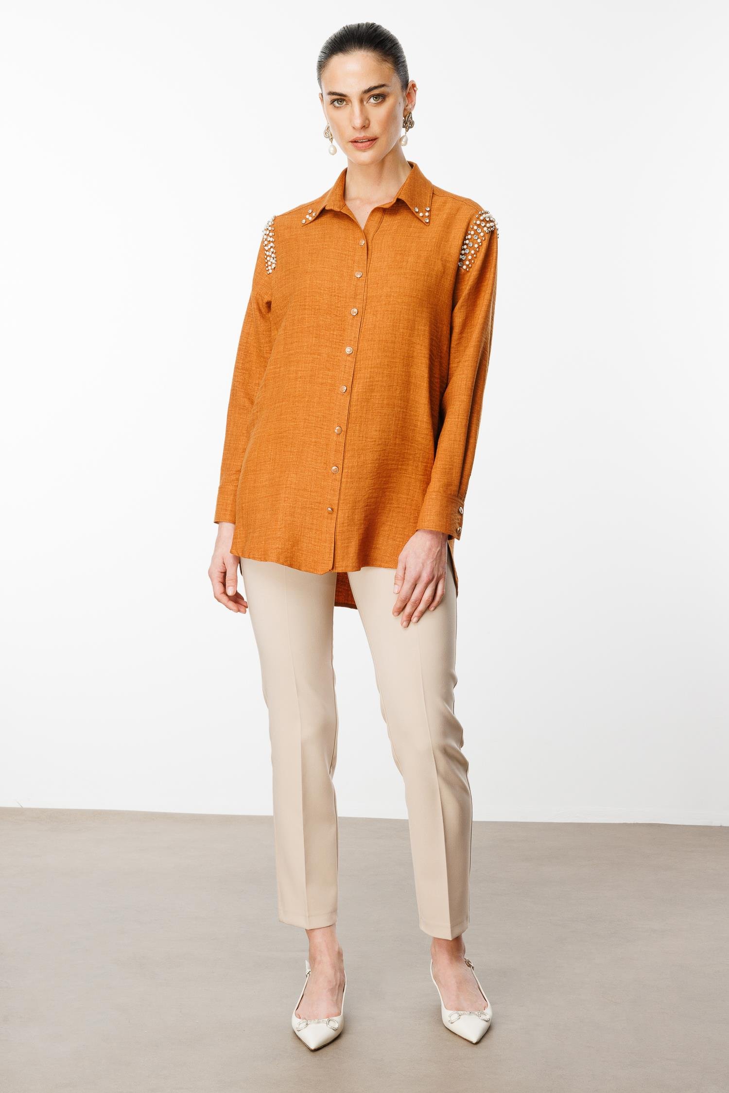 Modailgi  Omuzları İşlemeli Rahat Kesim Gömlek Tarçın