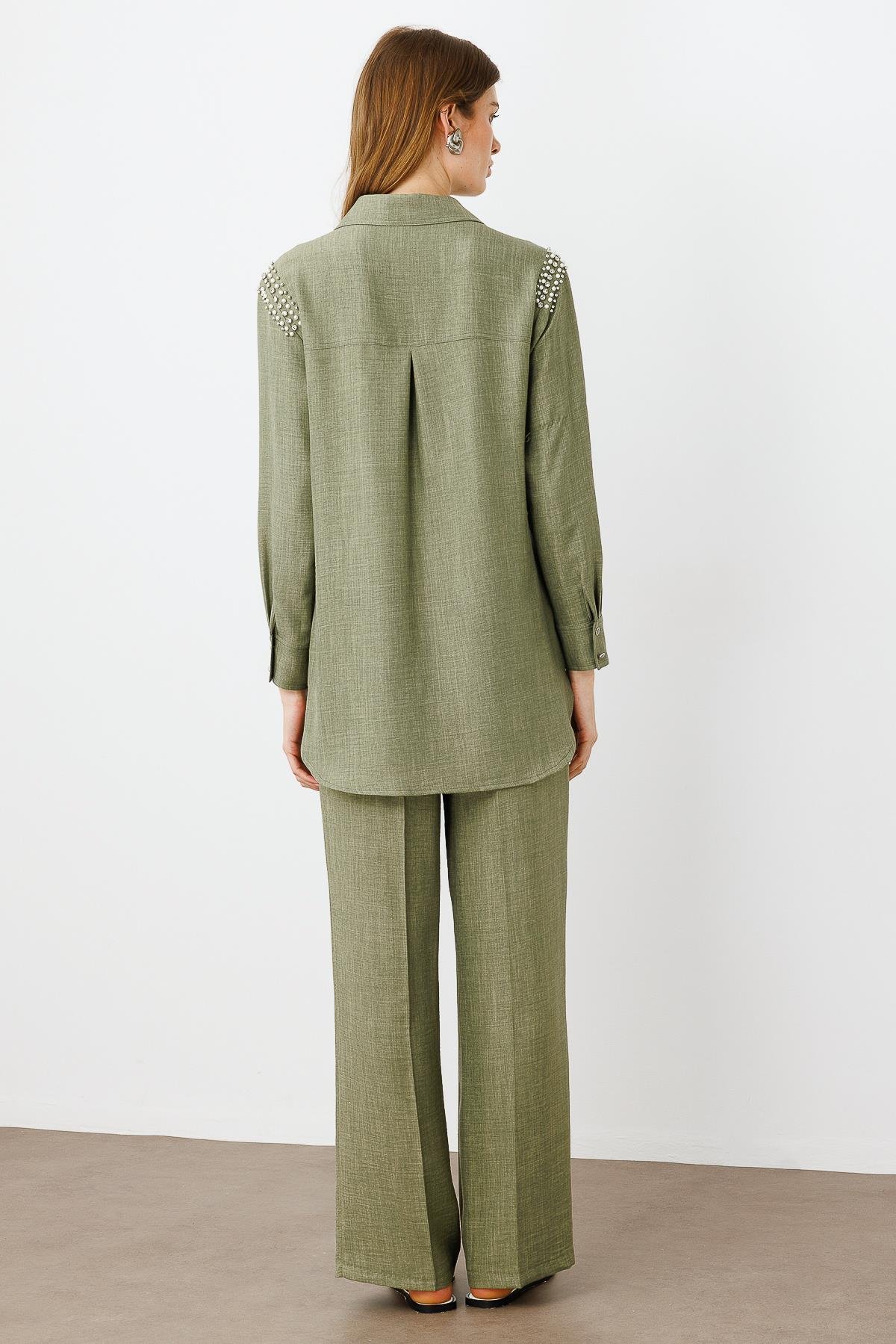 Modailgi  Omuzları İşlemeli Rahat Kesim Gömlek Haki