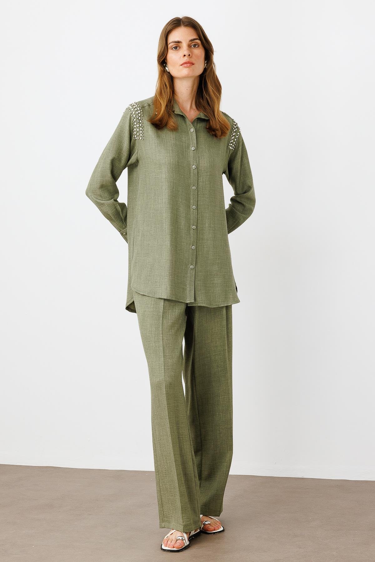 Modailgi  Omuzları İşlemeli Rahat Kesim Gömlek Haki