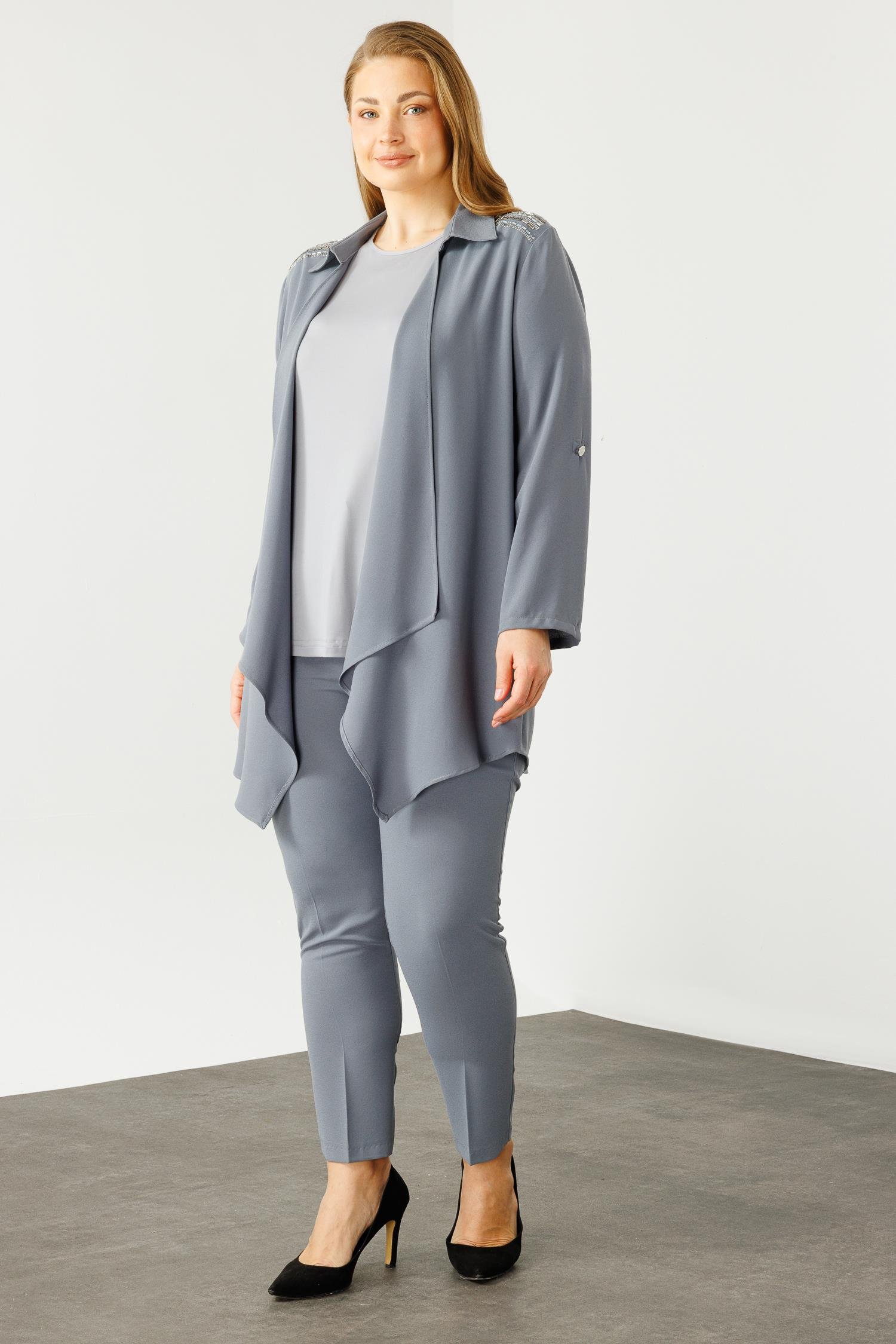 Modailgi  Omuzları Taşlı Gömlek Yaka İkili Takım Gri