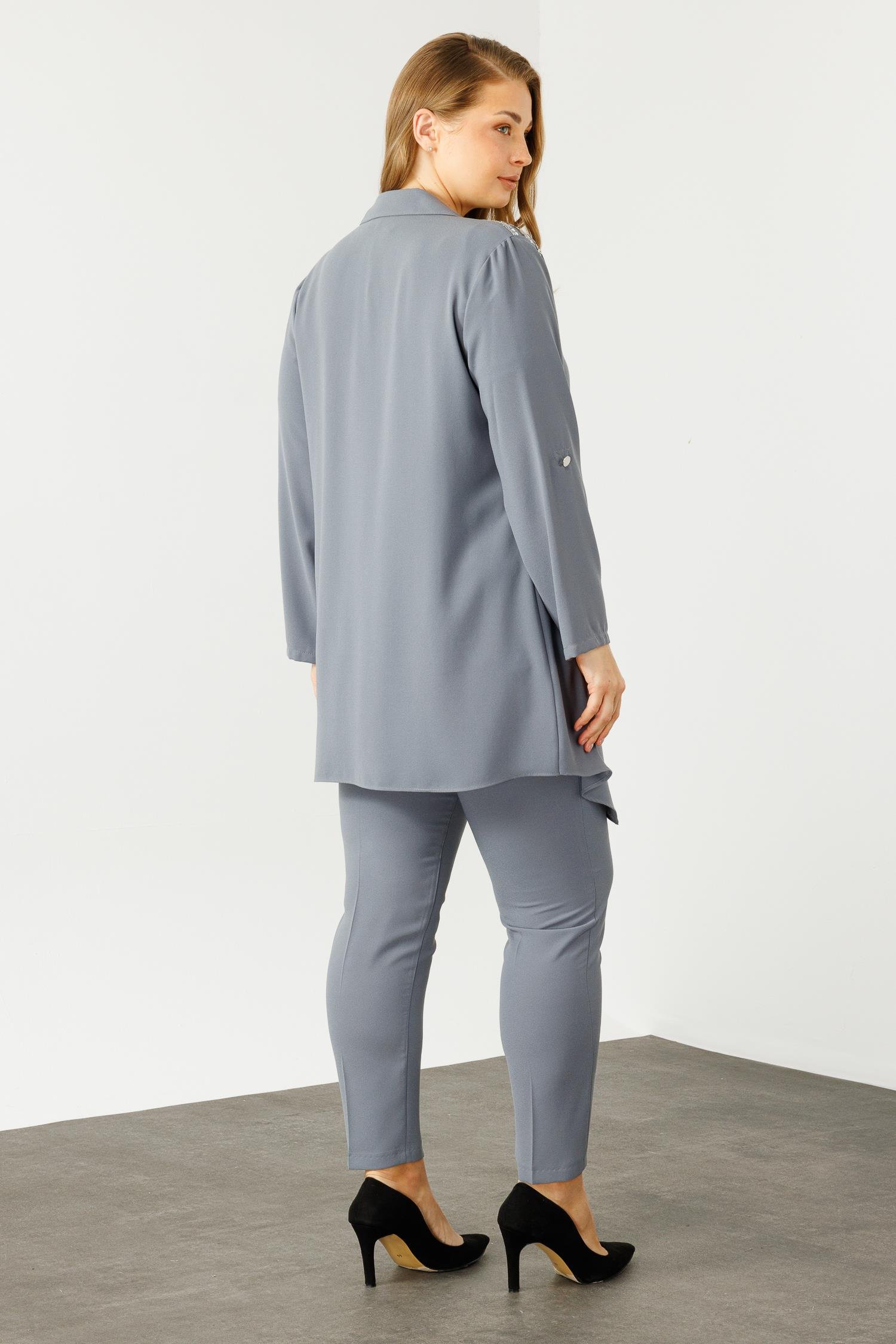 Modailgi  Omuzları Taşlı Gömlek Yaka İkili Takım Gri