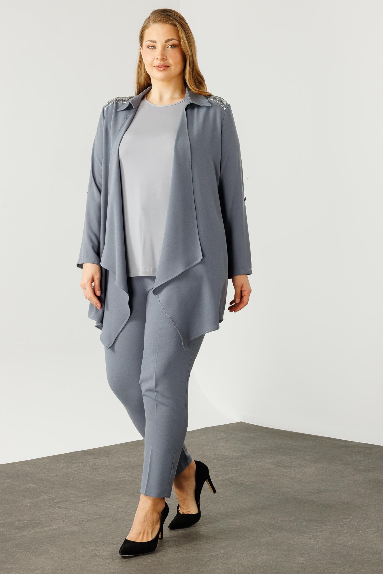 Modailgi  Omuzları Taşlı Gömlek Yaka İkili Takım Gri