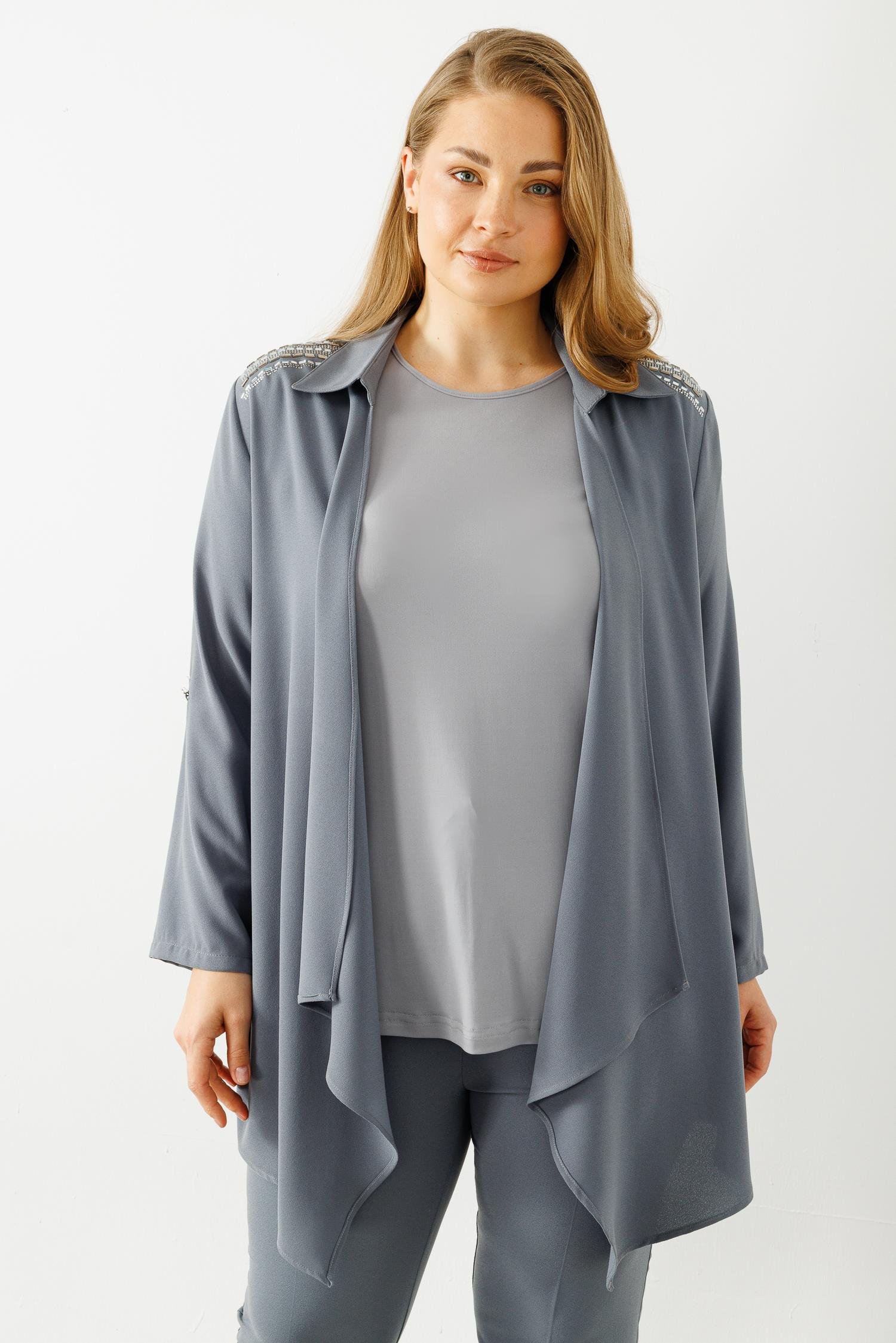 Modailgi  Omuzları Taşlı Gömlek Yaka İkili Takım Gri
