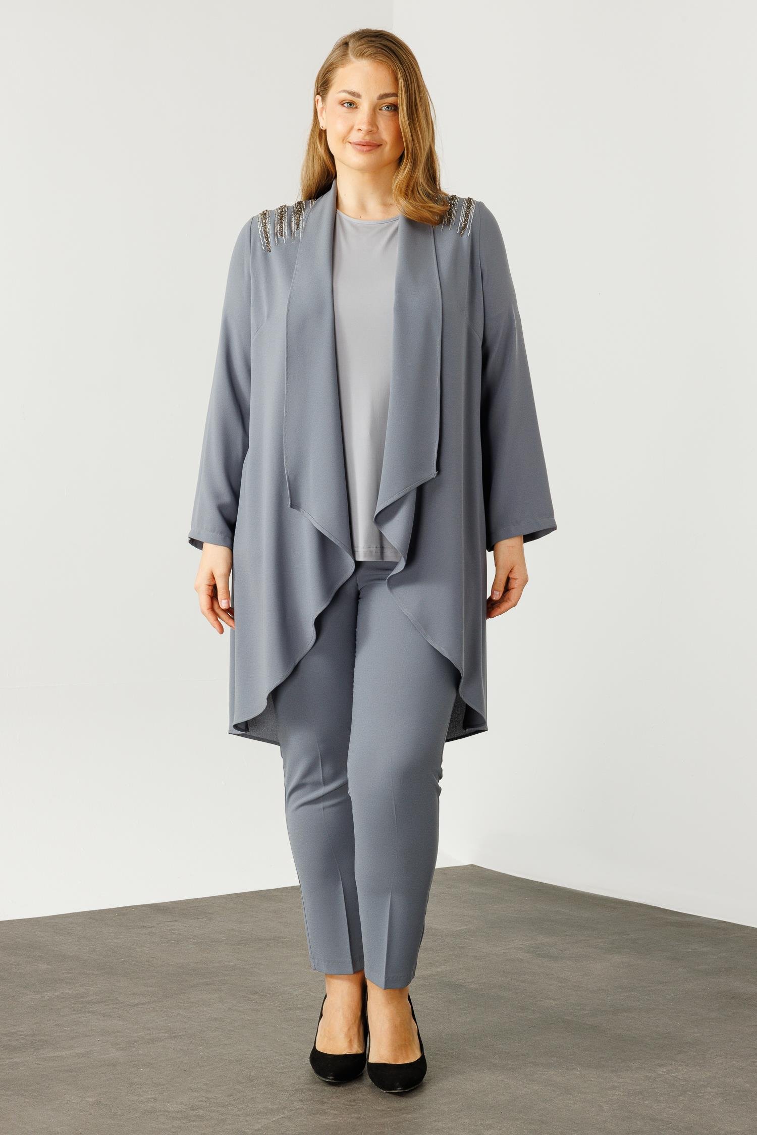 Modailgi  Omuzları Taşlı Şal Yaka İkili Takım Gri